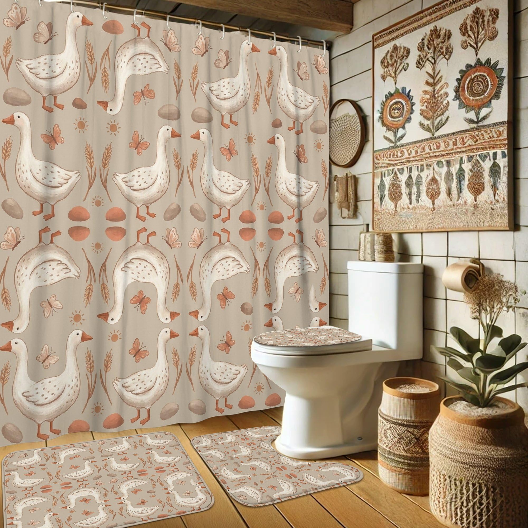 Rideau de douche rustique anti-éclaboussures en toile de canard lavable beige