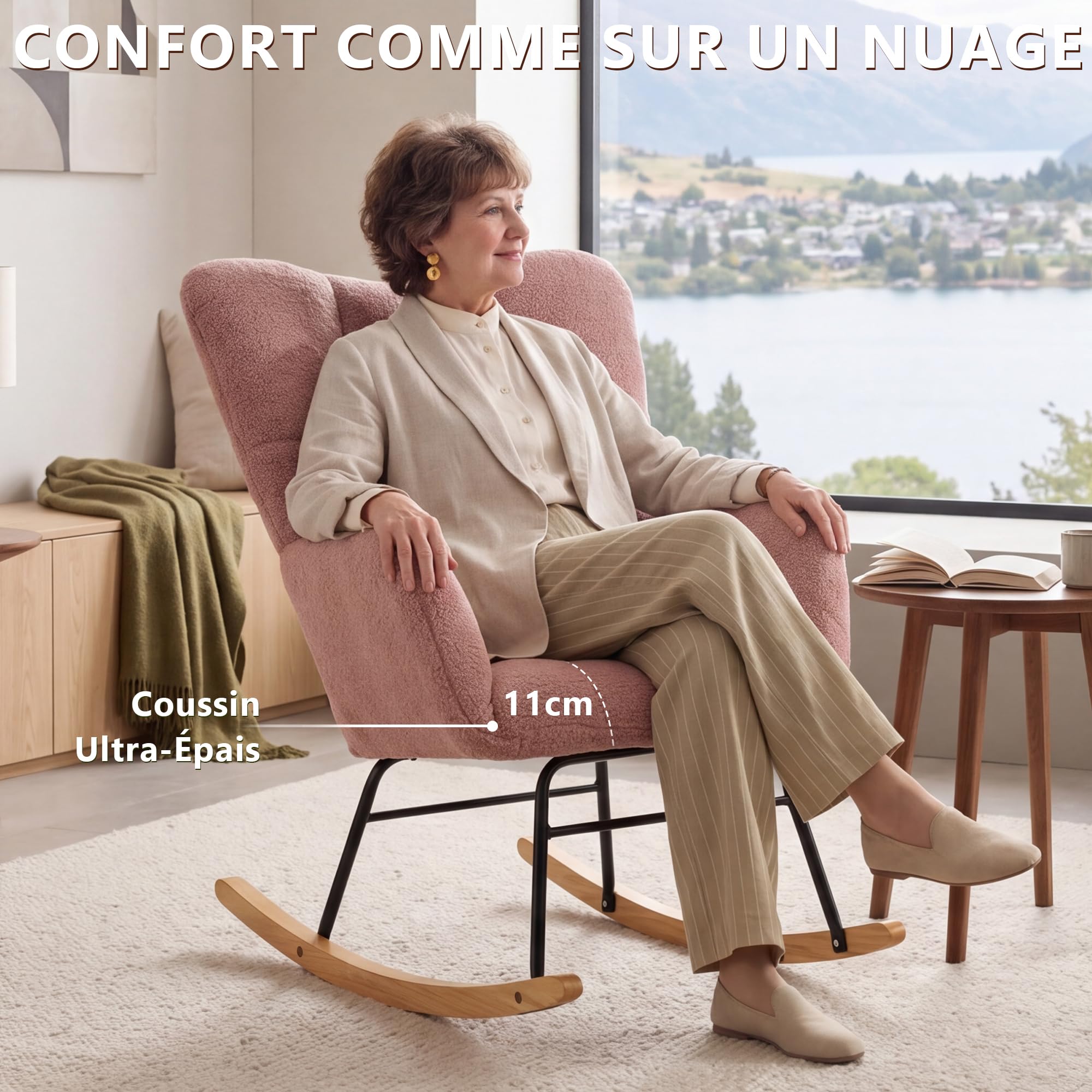 DEKKETO Fauteuil à Bascule - Rocking Chair, Fauteuil Relax Scandinave en Tissu Bouclette, pour Salon, Allaitement, Chambre, Pieds en Bois Massif, Rose