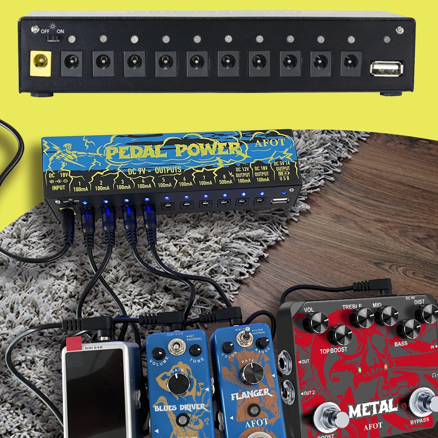 Guitar Power Supply 10 Isolated DC Output for 9V/12V/18V Effect Pedal,Guitar Power Supply for Effect Pedal with Separate Short-Circuit Protection