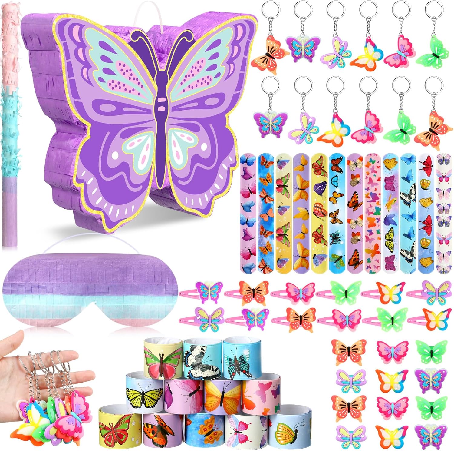Pasimy 51 Pcs Butterfly Party Piñata Set, Butterfly Birthday Party Supplies Piñata with Stick Blindfold Stickers Hairpin Ring Slap Bracelet Keychain for Girl Kid Family Game Decor Supplies(Pink)
