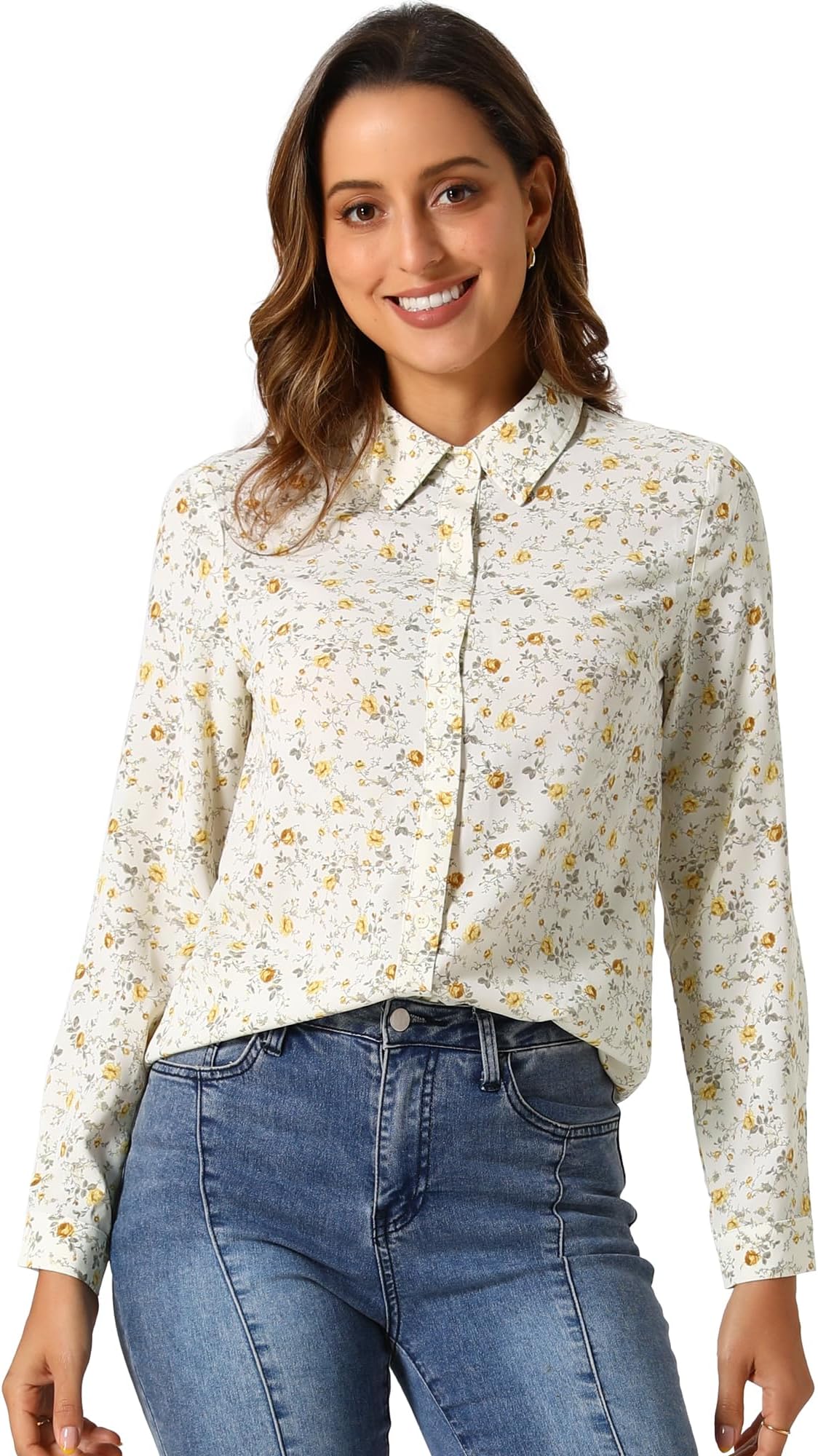 Women's Button Down Shirt Work Office Tops Long Sleeve Point Collar Floral Blouse