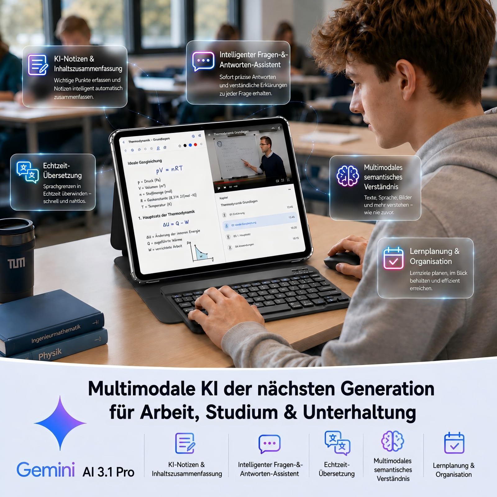 TABWEE 13,4 Zoll Tablet mit Tastatur und Stift für Studium & Büro | Laptop-ähnliches Arbeiten, Android 16+Gemini Ai 3.5 Pro, 120Hz 2K IPS Display, 10000 mAh Akku, 256GB Speicher, 4 Jahre Schutz