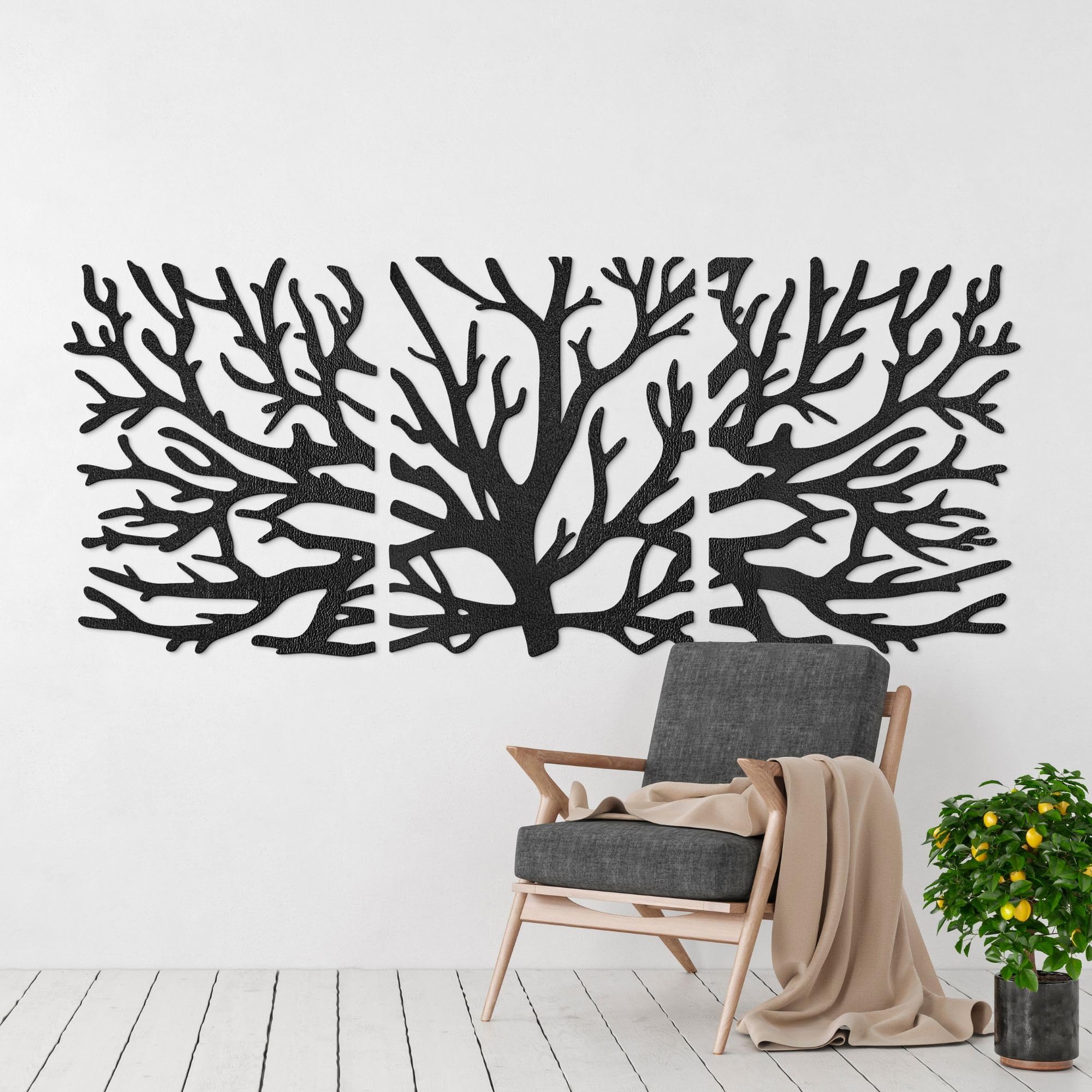 SENTOP HDF0502 Decorazione da parete in legno – Rami, decorazione a parete con 3 pannelli in legno, decorazione naturale in legno per soggiorno, camera da letto e ufficio (80 x 32 cm, nero)