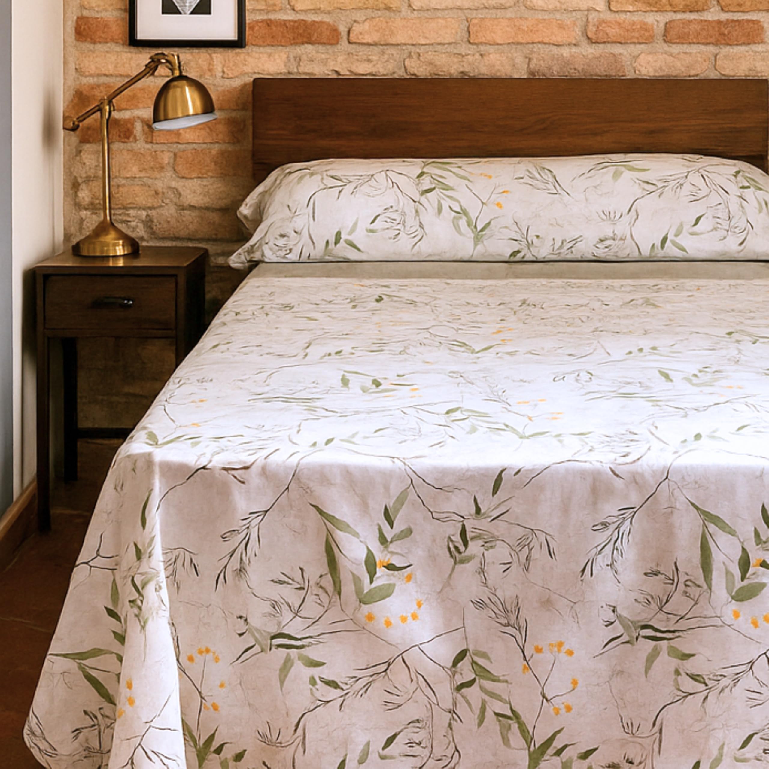 Juego de Sábanas 100% Algodón Orgánico – Estampado Natural de Hojas – 3 o 4 Piezas: Encimera, Bajera Ajustable y 1-2 Fundas de Almohada – Sábanas Transpirables y Suaves (150CM)