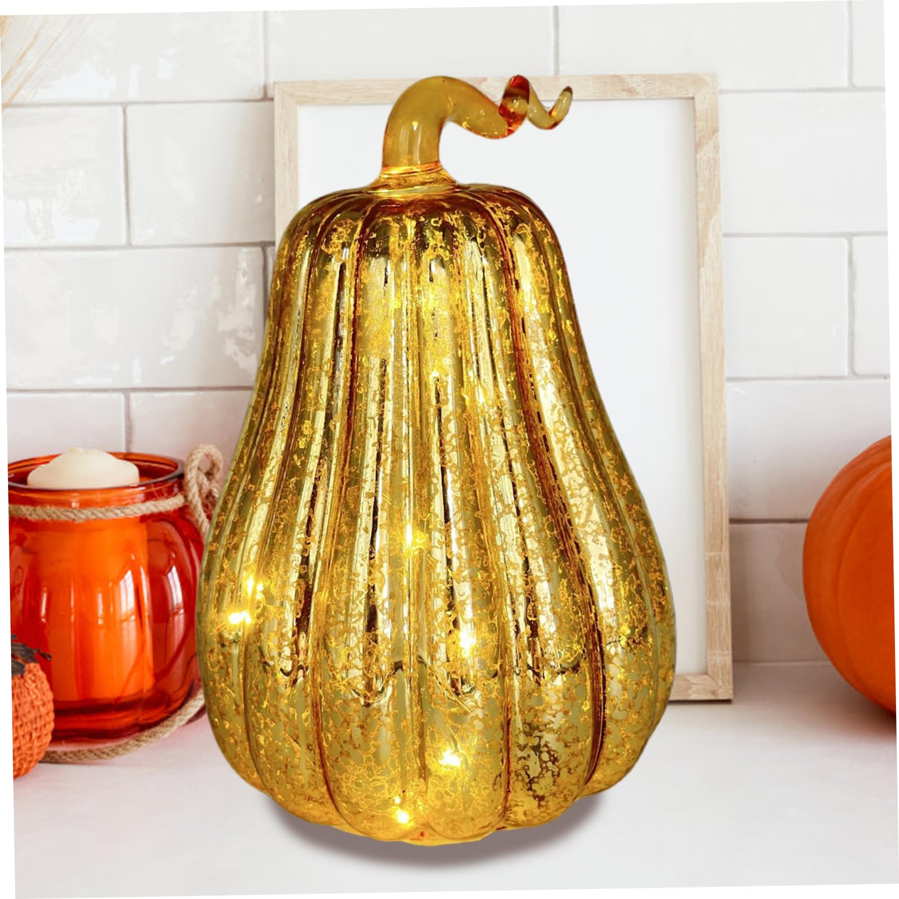 Goutdori Stained Glass Pumpkin Lamp 8.7x5.9in LED, Glass Collectible Figurine for Halloween Fall Thanksgiving Decor No Battery