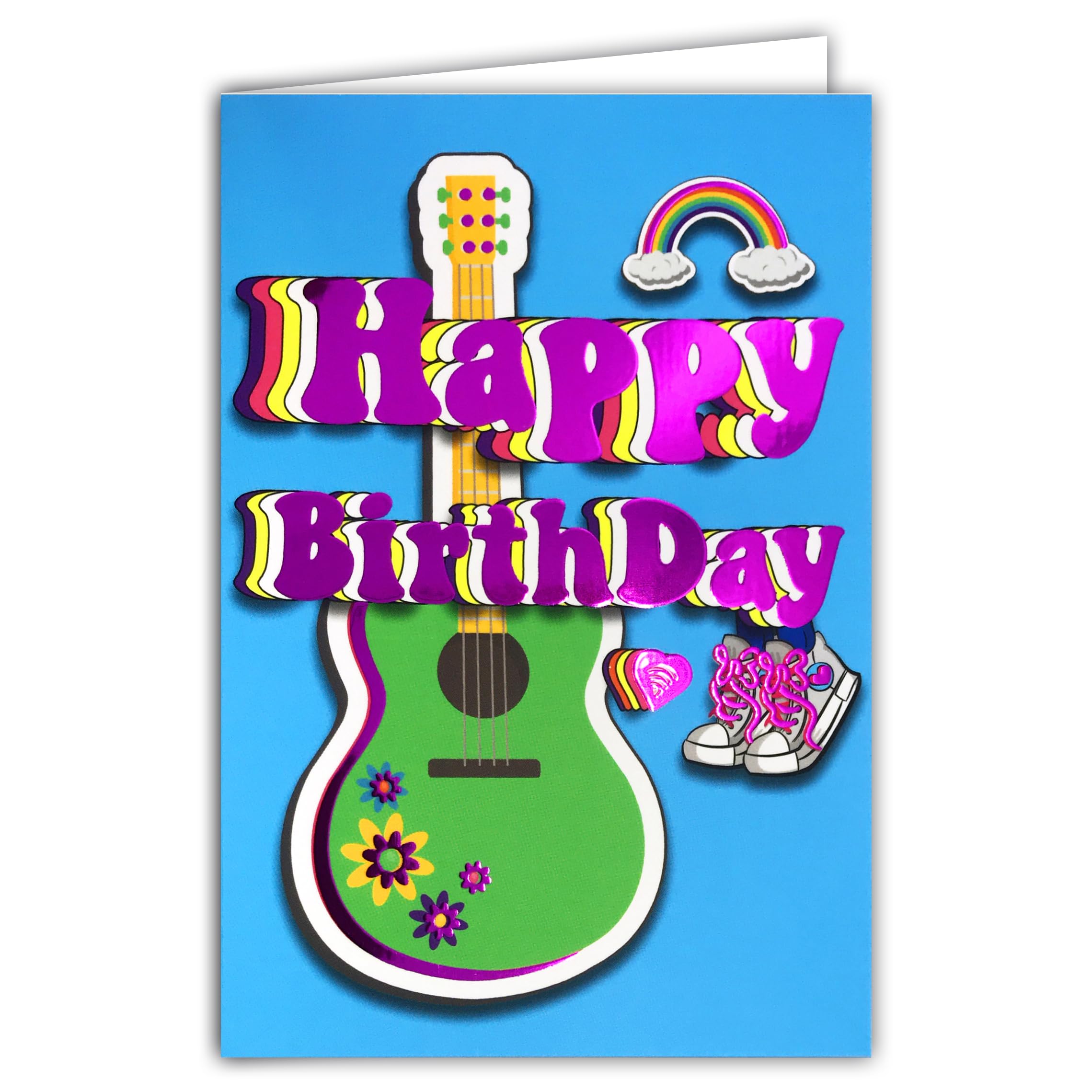 69-9025 Happy BirthDay Card for Young Teenagers + Envelope 12 x 17.5 cm Music Guitar Hippie Boho Rainbow Sneakers Rainbow Words Letters in Fuchsia Pink Glossy Creation Print Made in France