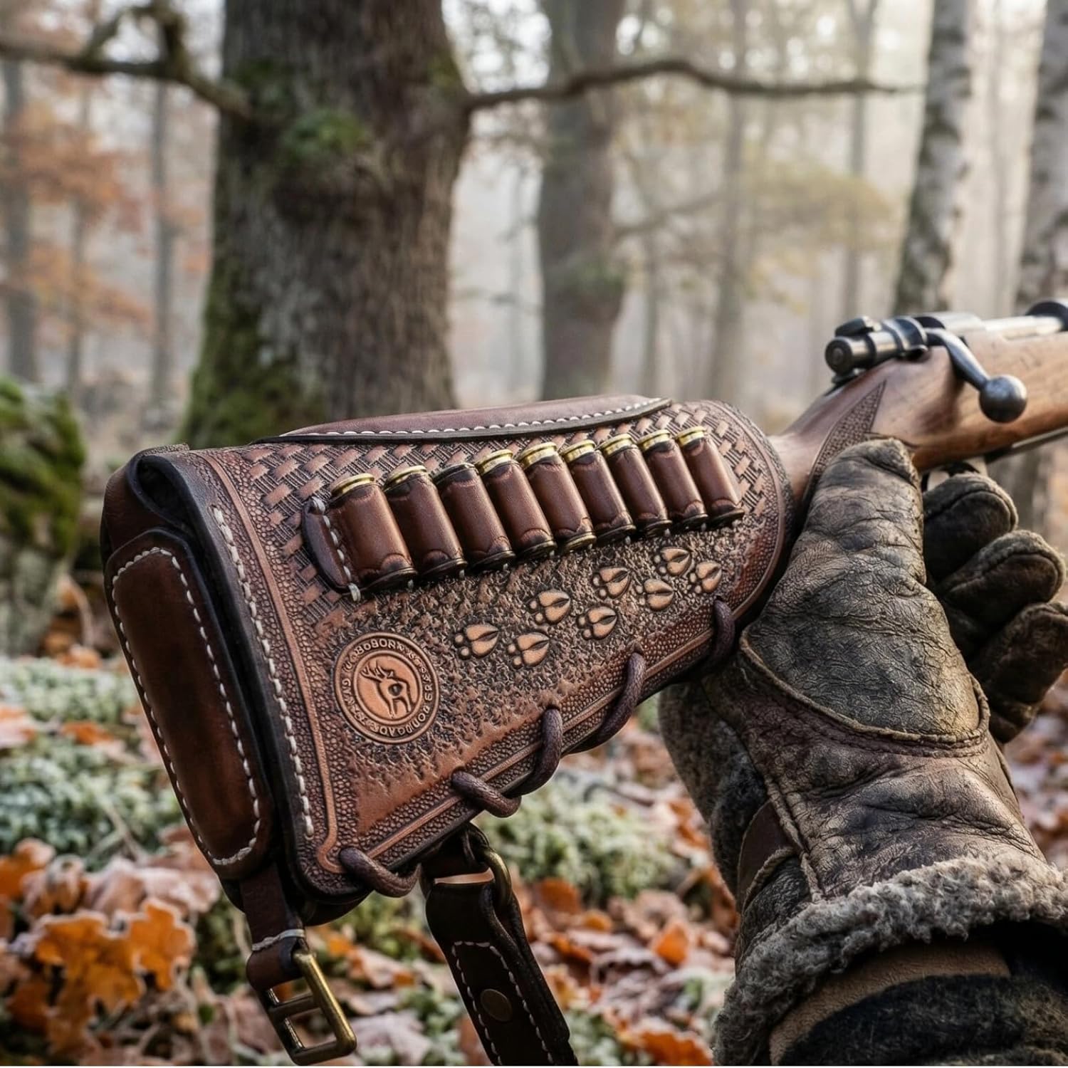 TOURBON Vintage Leather No Drill Cheek Rest Buttstock Protective Pouch, Hunting Shooting Recoil Pad with Rifle Shotgun Shell Ammo Holder