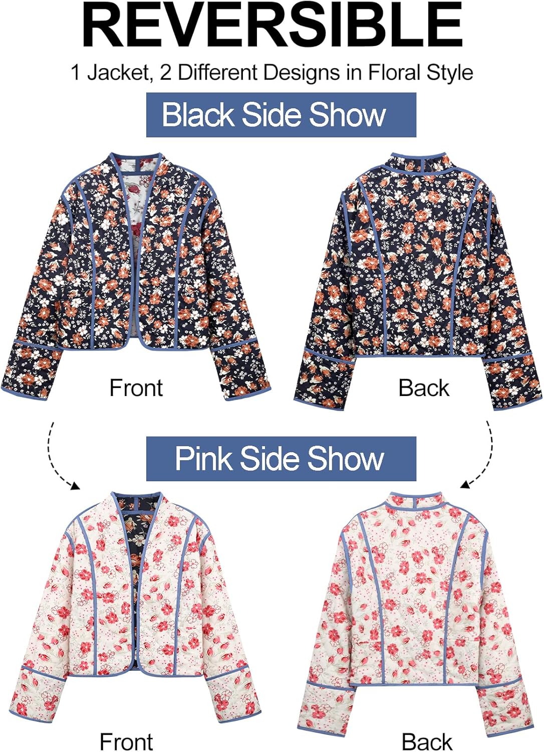 Flygo Women Cropped Puffer Jacket Cardigan Floral Printed Quilted Coats Lightweight Open Front Crop Padded Down Jackets - Image 5