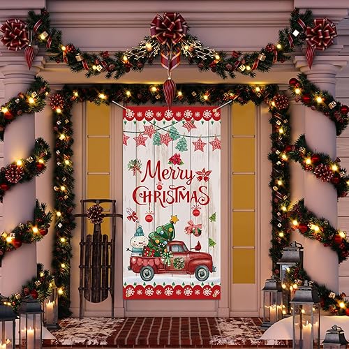 Miniatura 9 de Cartel de puerta de Papá Noel negro con texto en inglés "Merry Christmas", gran copo de nieve de invierno, cubierta de puerta de Papá Noel africano,