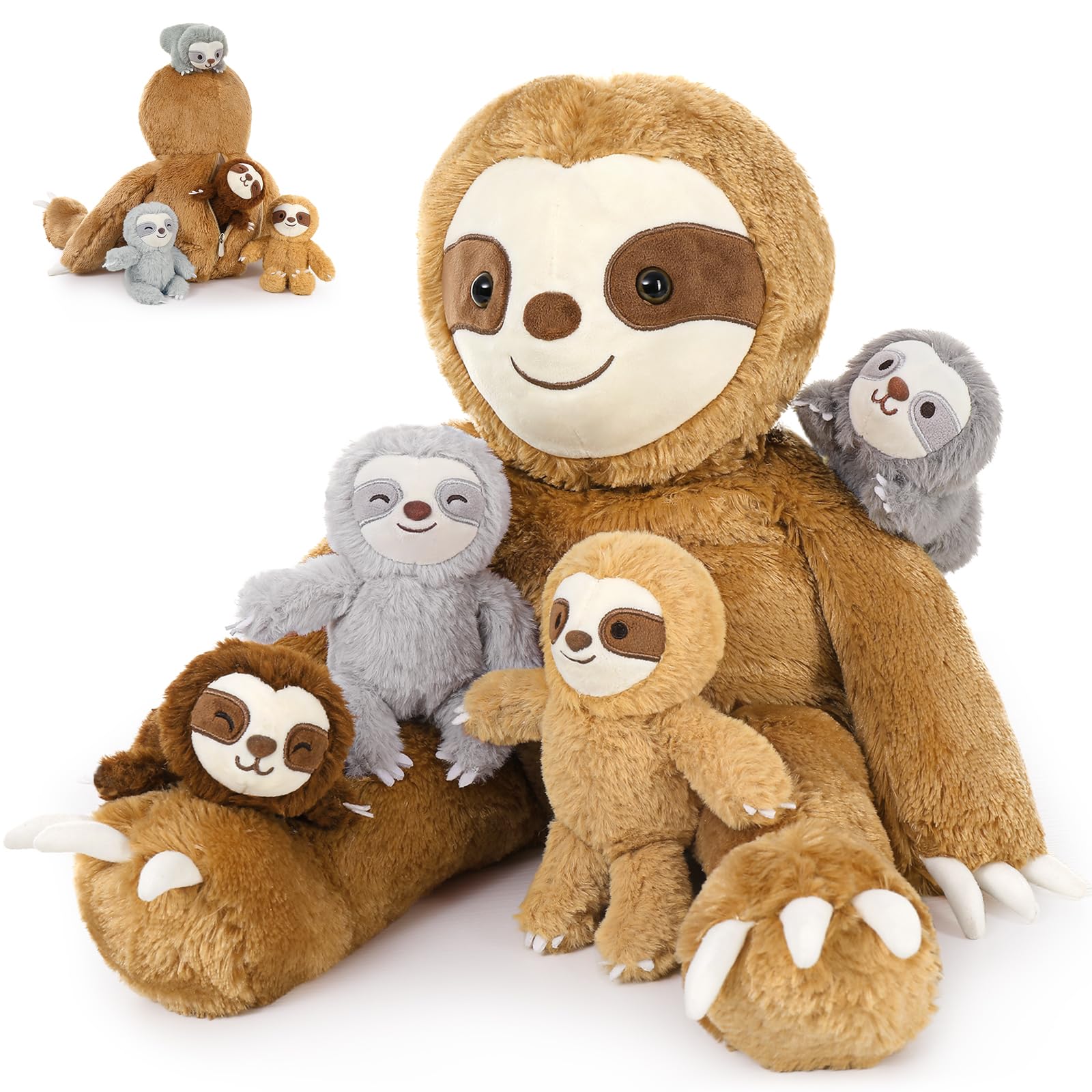 MorisMos Zestaw 5 pluszaków w rozmiarze XXL, 56 cm, olbrzymi leniwiec, przytulanka z 4 dziećmi w brzuchu, duża pluszowa maskotka lalka Slothteddy, prezent dla niemowląt, dziewczynek