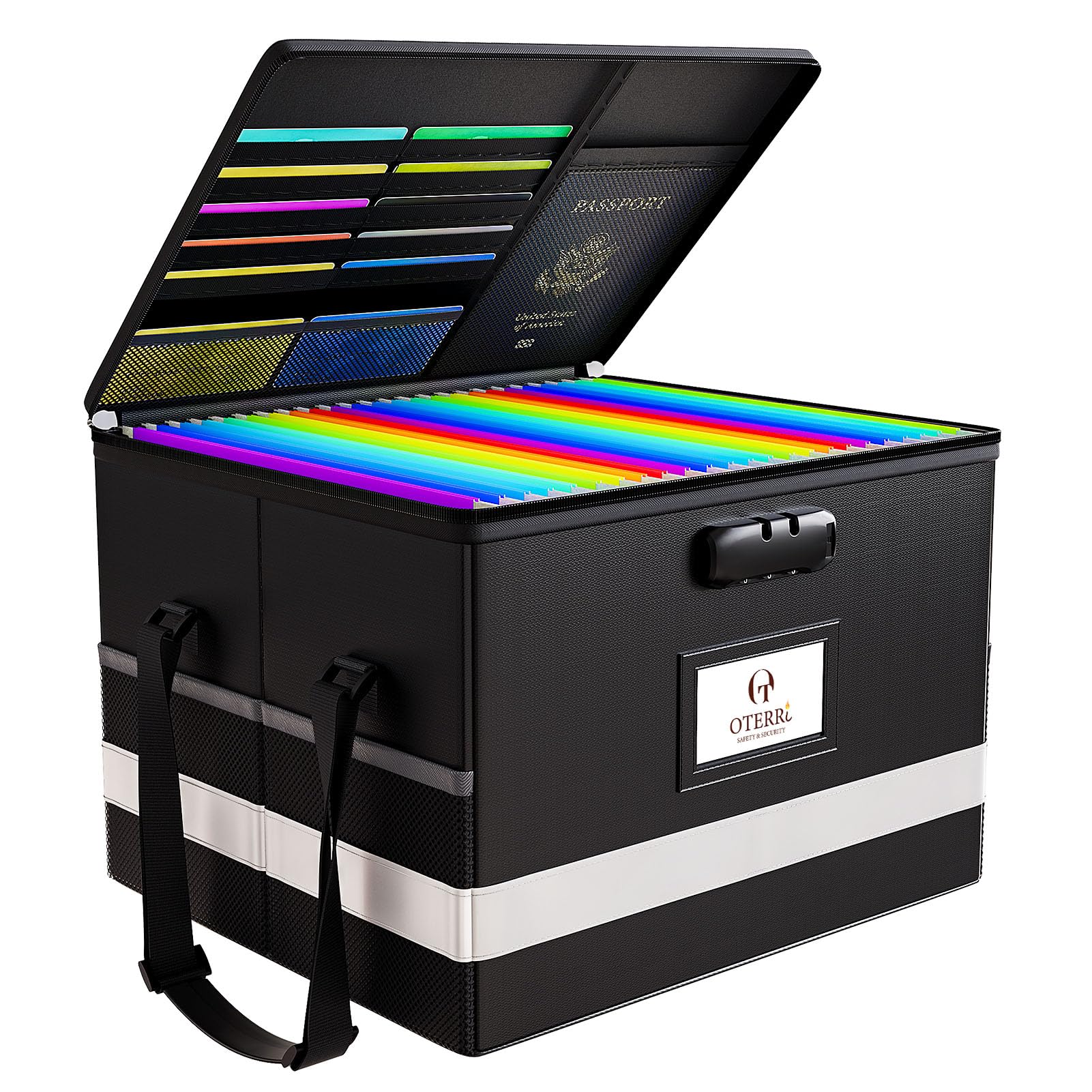 Oterri Fireproof Document Box with Lock, Letter File Box, Portable Fire Safe Box with Handle, Waterproof Important Document Organizer Storage Safe Box for Home Travel Office (Large-Black)