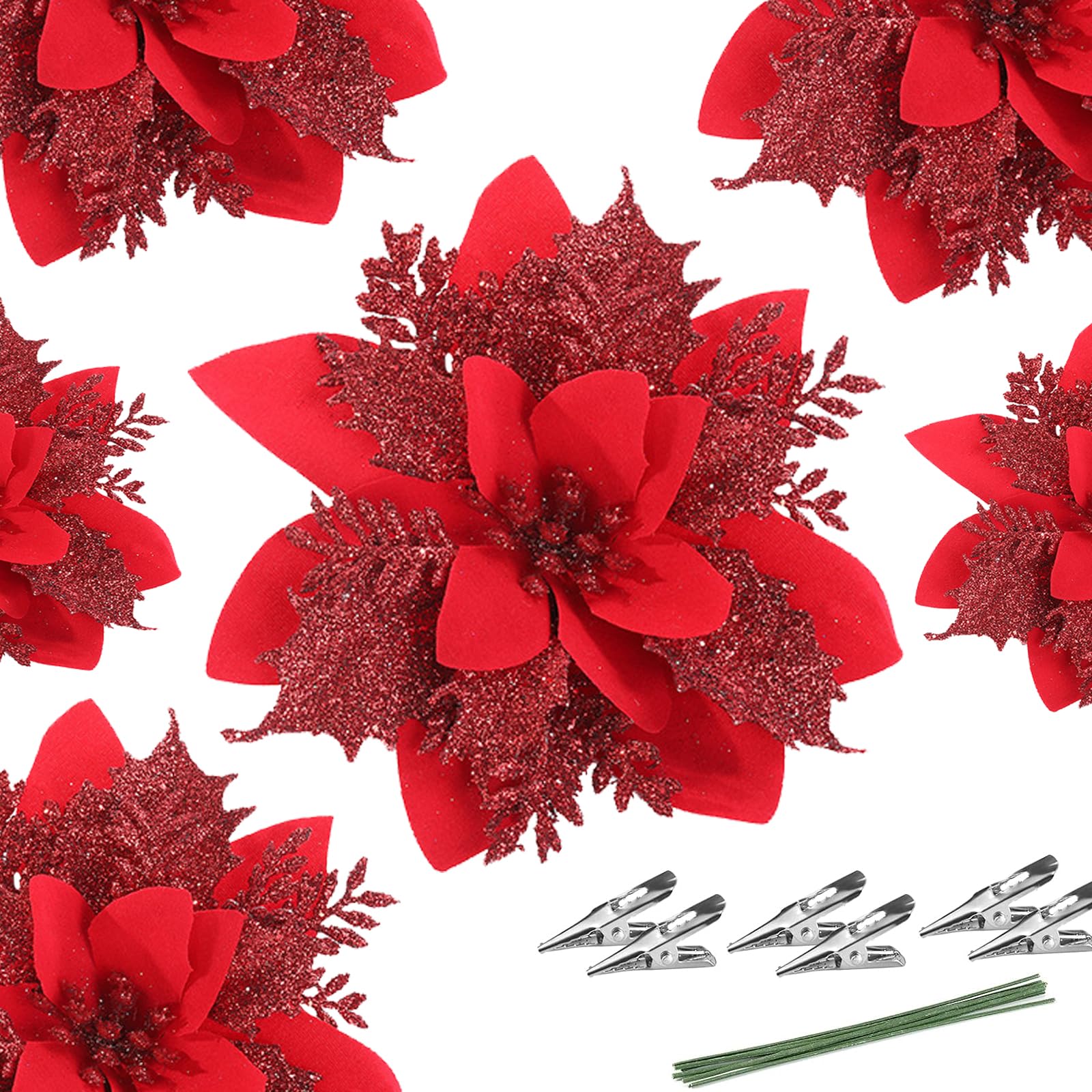 Amazon.com: 24 Artificial Red Poinsettia Flower Clips with Stems,Red ...