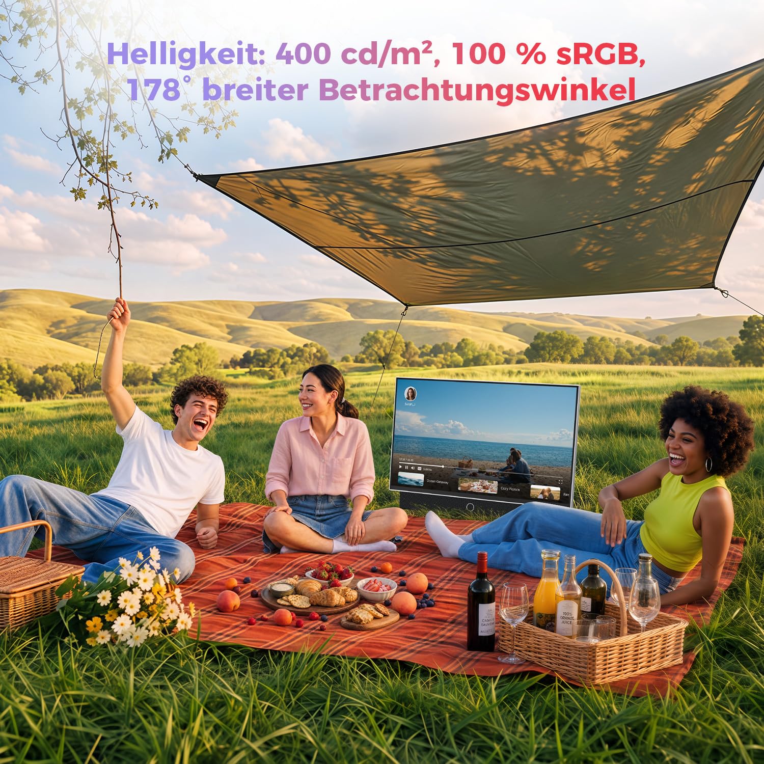 VLH 27 Zoll Tragbarer Fernseher, Smart Google TV, Batteriebetriebener Outdoor-Fernseher 1080P, Dolby Audio, 300cd/m², WLAN ＆ Bluetooth, Fernbedienung für Google Assistent, Ideal für Camping, Parties