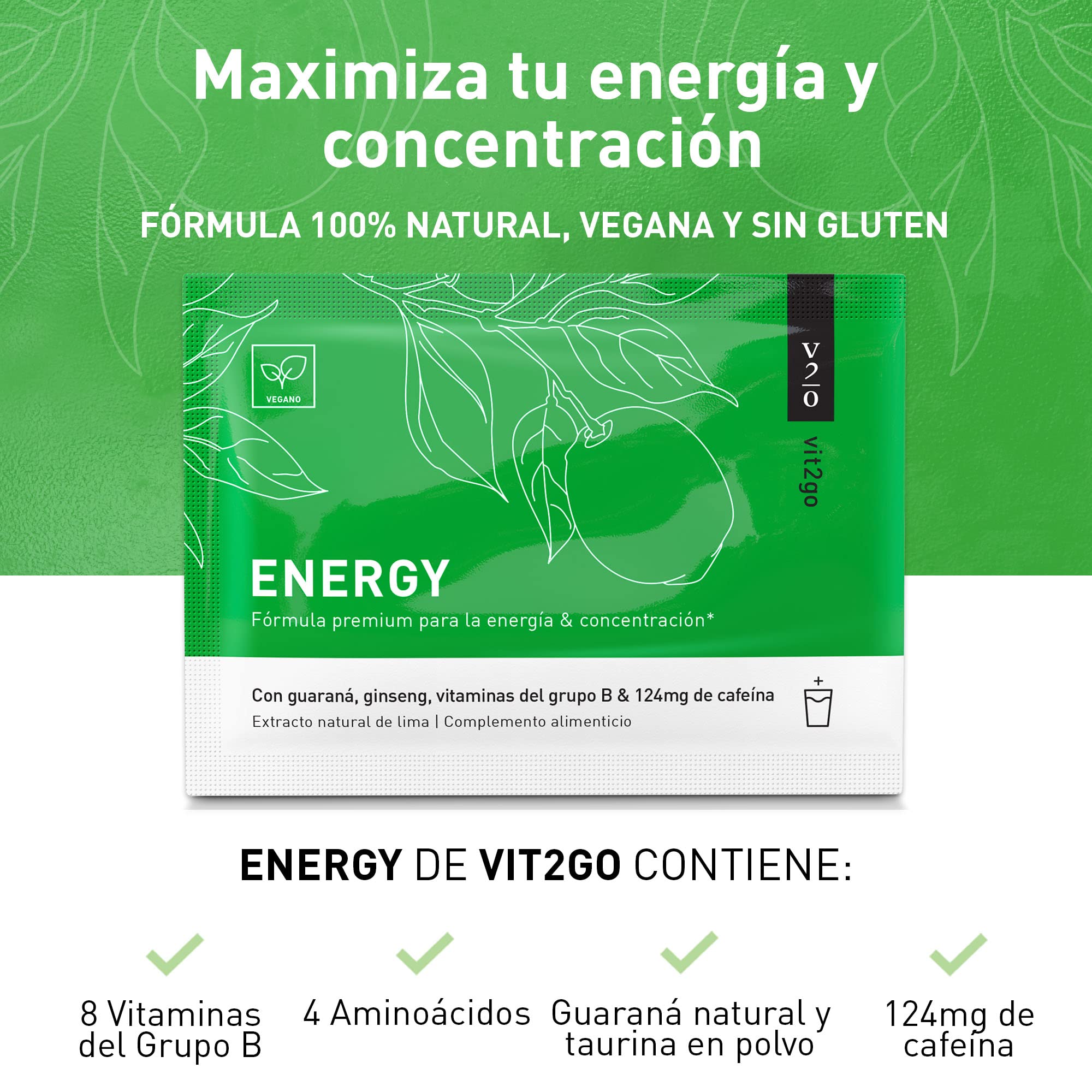 Vit2go ENERGY 10 sobres – Bebida energética natural con 124mg cafeína, guaraná y ginseng | Sin azúcar | Vitaminas B, magnesio y zinc | 100% Vegano