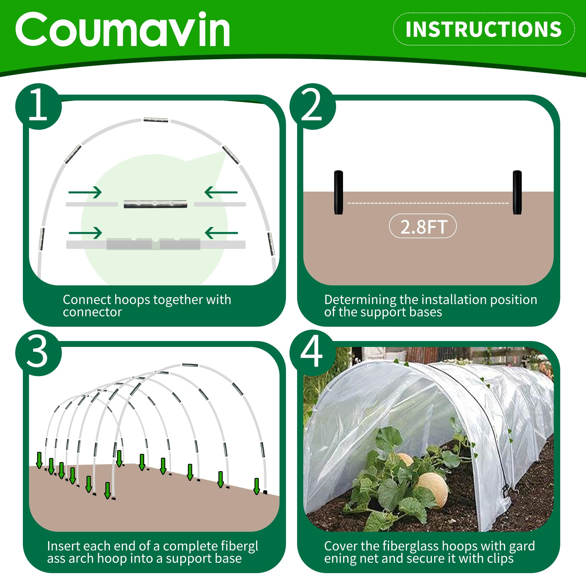 Juego de 36 aros de invernadero para túnel de cultivo, aros de jardín para camas elevadas, cubierta de fila, marco de aro de fibra de vidrio flexible, kit de aros de bricolaje para exteriores, 12