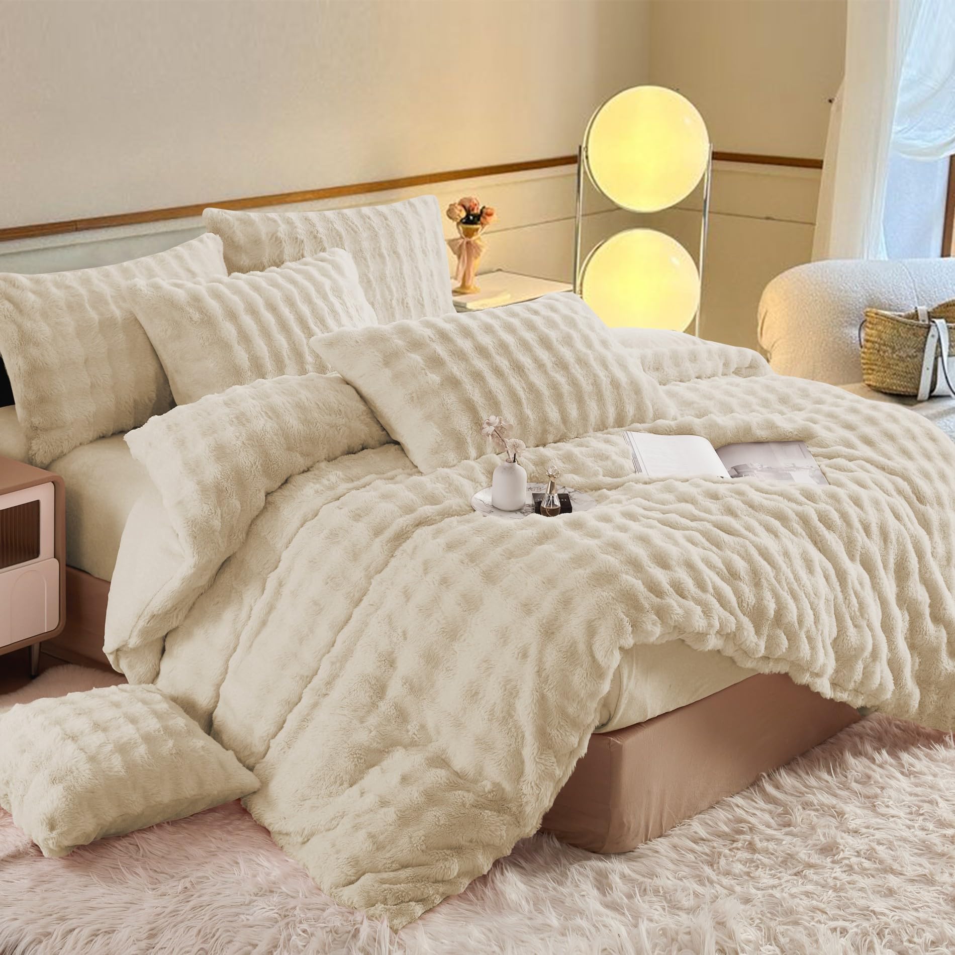 YASMENG Plüsch Bettwäsche 200x220 Winter Warm Beige Langhaar Bettwäsche Winter Super Weich Flauschig Kaninchenfellimitat Bettbezug Set Plüsch 3 Teilig mit Reißverschluss und 2 Kissenbezüge 80x80 cm