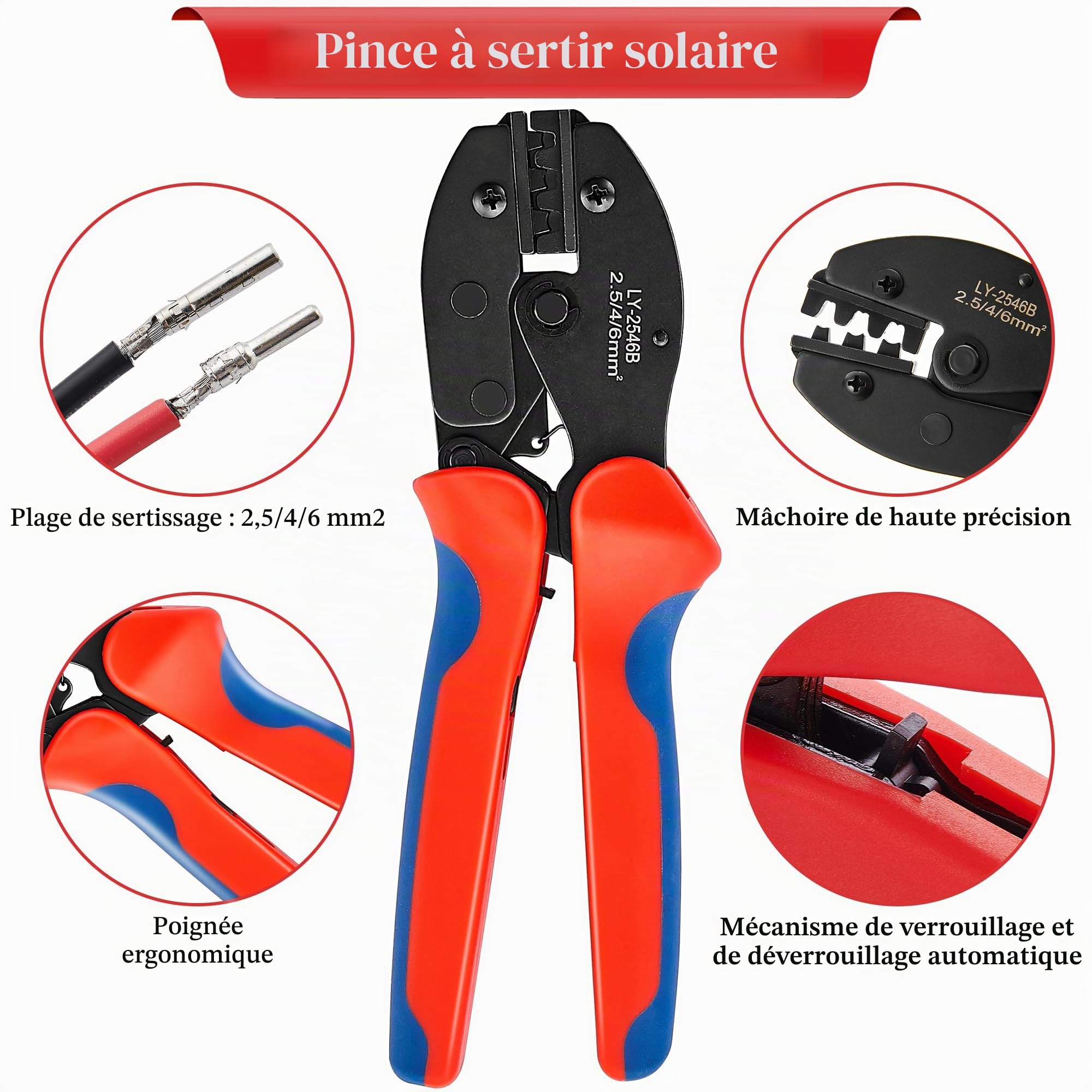 Pince à Sertir, Outils de Sertissage Solaires Pour 2,5/4/6 mm² Solaire Cable avec 10 Paires de Connecteurs Solaires, Pince a Sertir, 2 Clés, pour l'assemblage des Câbles des Panneaux Solaires