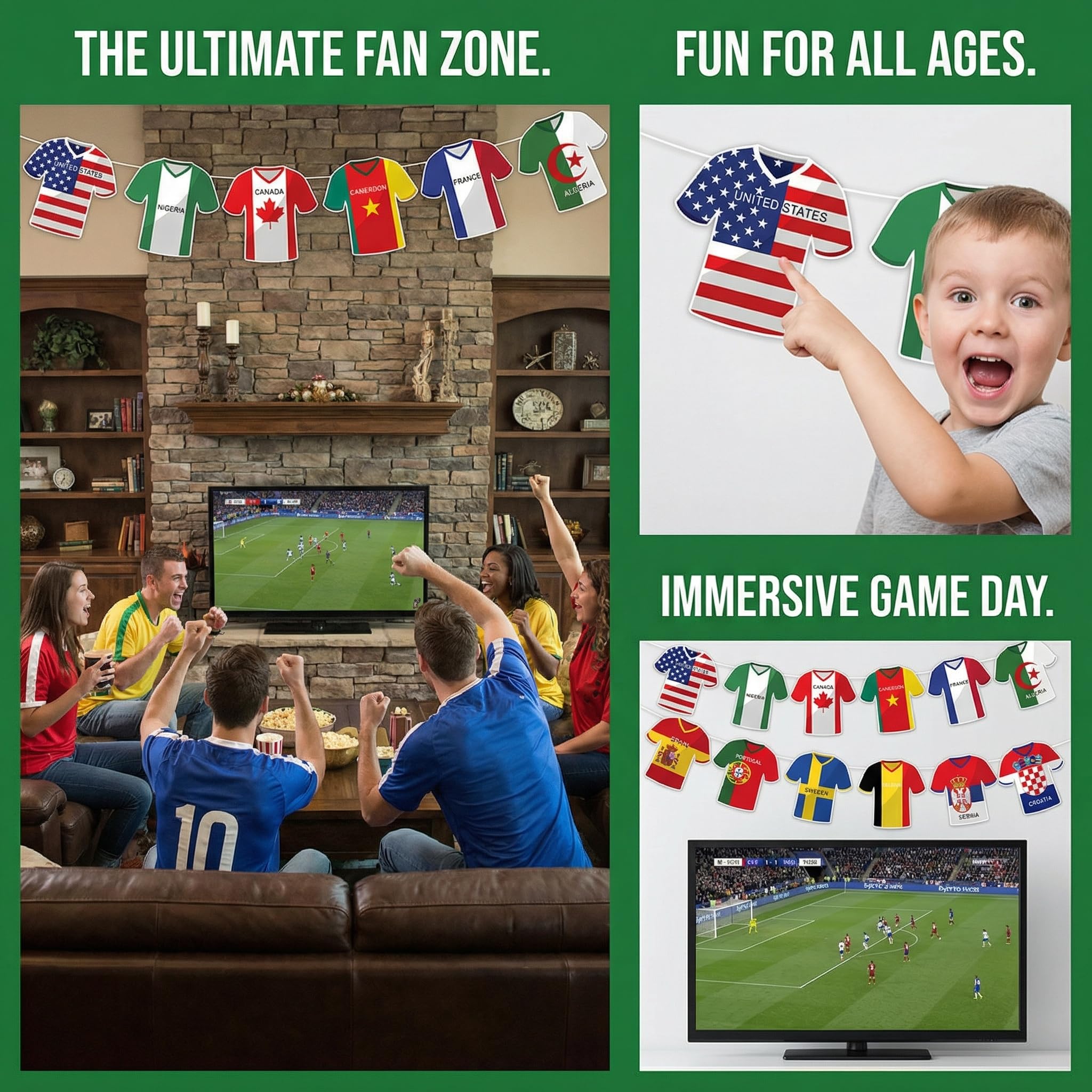 Decorazioni per i Mondiali 2026, bandierine in stile maglia, ghirlande con le maglie di tutte le squadre per feste a tema calcio, vivaci gagliardetti internazionali per fan zone, bar, tailgate e fest