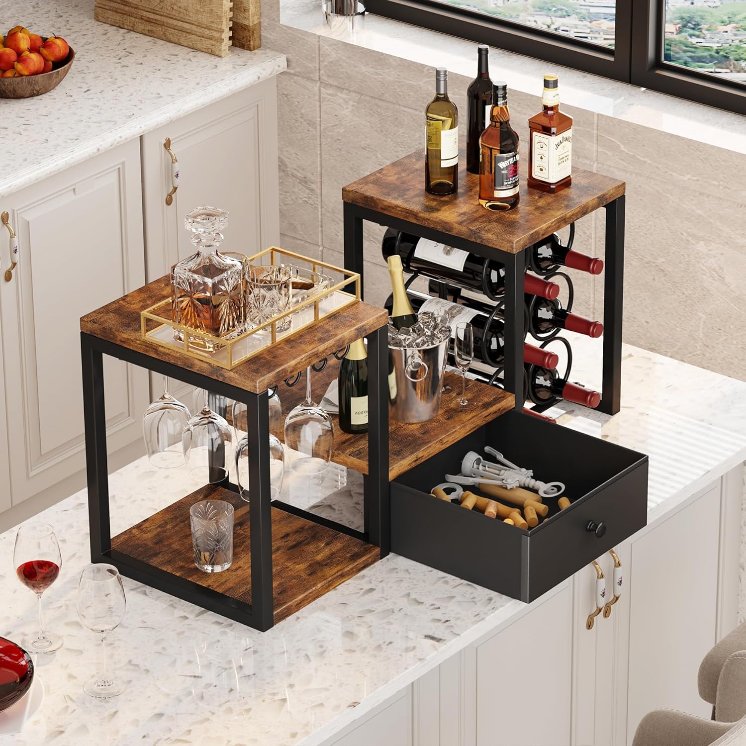 Homeiju Wine Racks Countertop with Glass Holder, Storage Drawer and Wine Storage, Freestanding Wine Rack for Kitchen, Living Room, Home Bar(Rustic Brown)