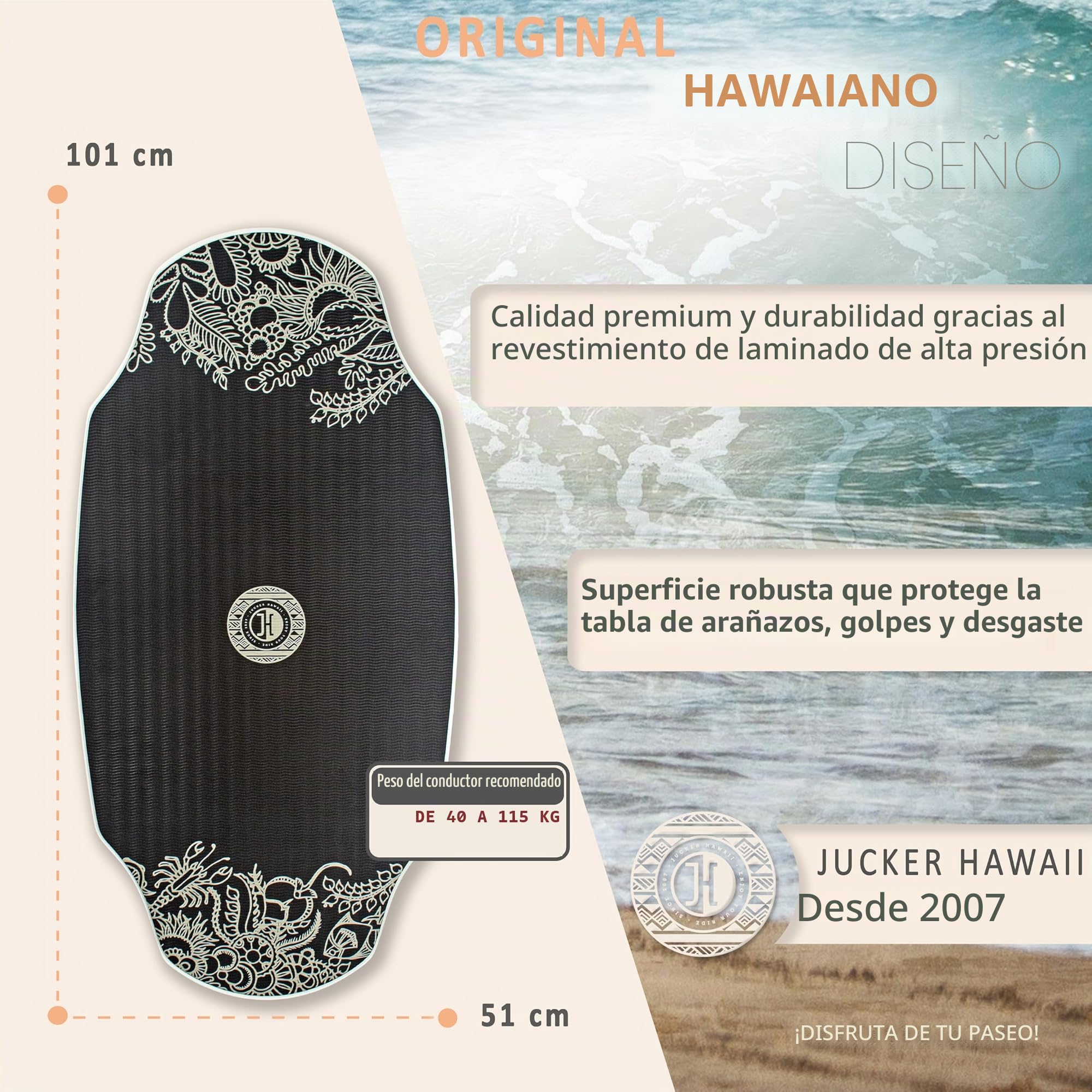 JUCKER HAWAII Skimboard – Tabla de esquí profesional con revestimiento HPL, superficie antideslizante, ultra rápido, extremadamente resistente y duradero, soporta hasta 115 kg – para principiantes
