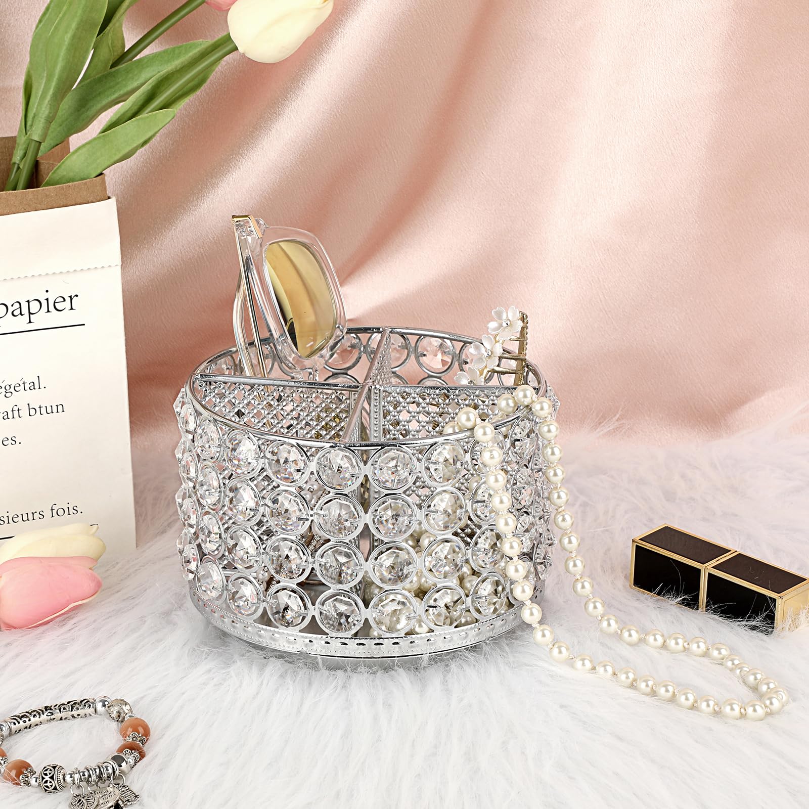 BTSKY Organizer da scrivania in cristallo, girevole a 360 gradi, con 4 scomparti, in metallo glitterato, elegante portaoggetti per la casa, regalo per donne, rotondo, 4 scomparti, argento