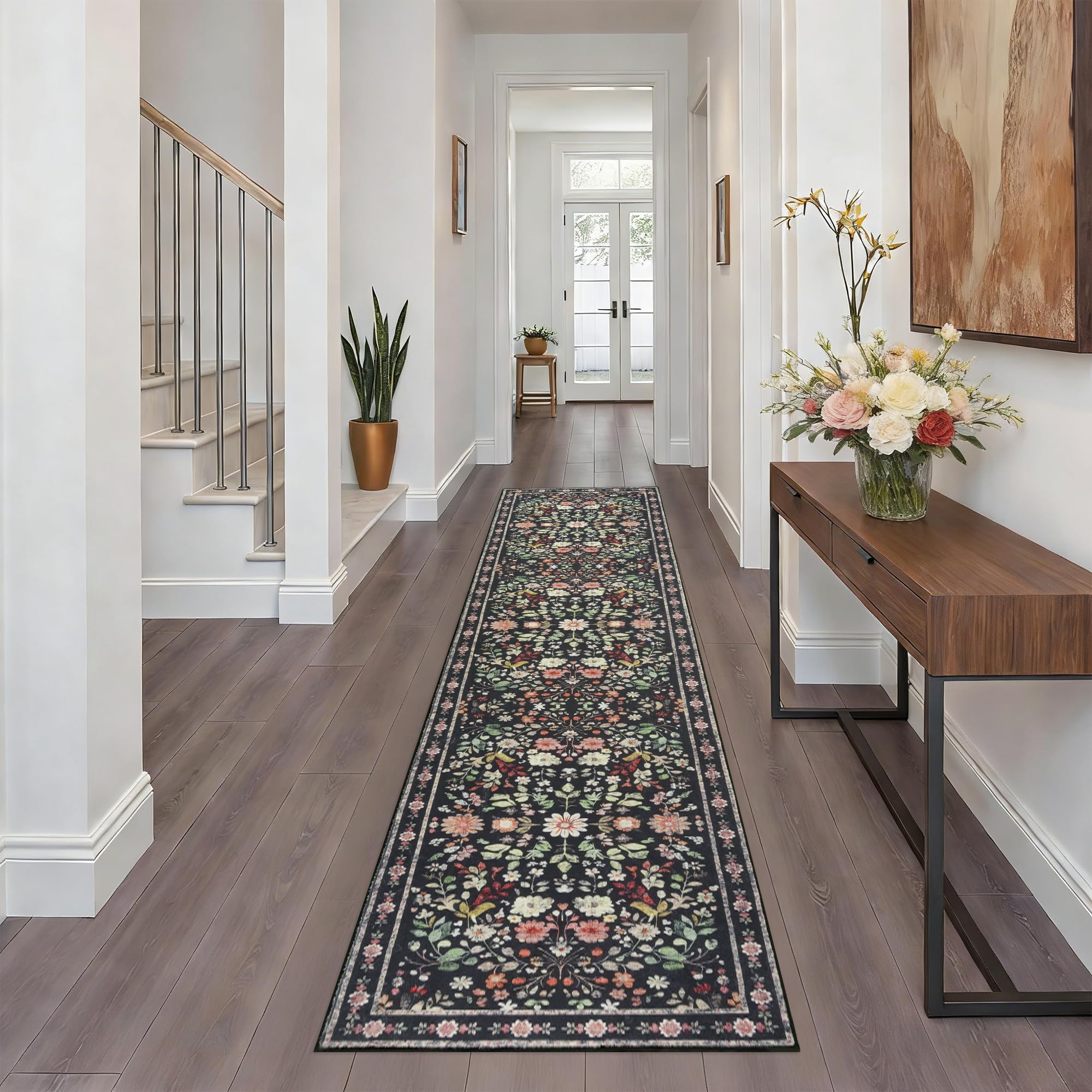 Homcomodar Floral Runner Rugs for Hallway 65x240cm Carpet Runners for Hallways Non Slip Long Vintage Boho Kitchen Runners Rug Black Washable Low Pile Runner for Kitchen Entryway Bedroom Laundry