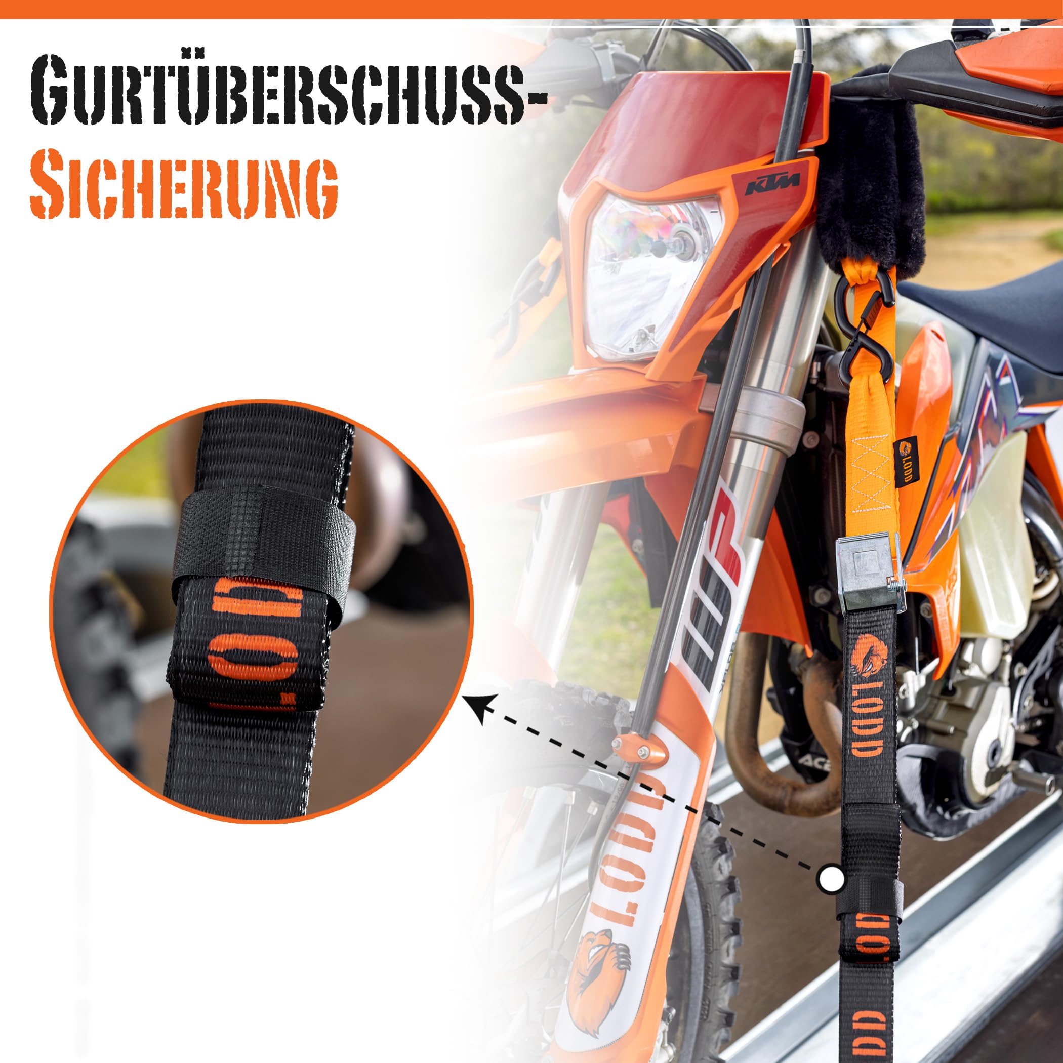 LODD - Motorrad-Spanngurte mit Hochfesten Schnallen, Fellschutz, Stahlkarabiner, Verstärkter Schnalle | 1100 kg, 38mm | Anhänger (Parent) (Schnalle/Drehkarabiner)