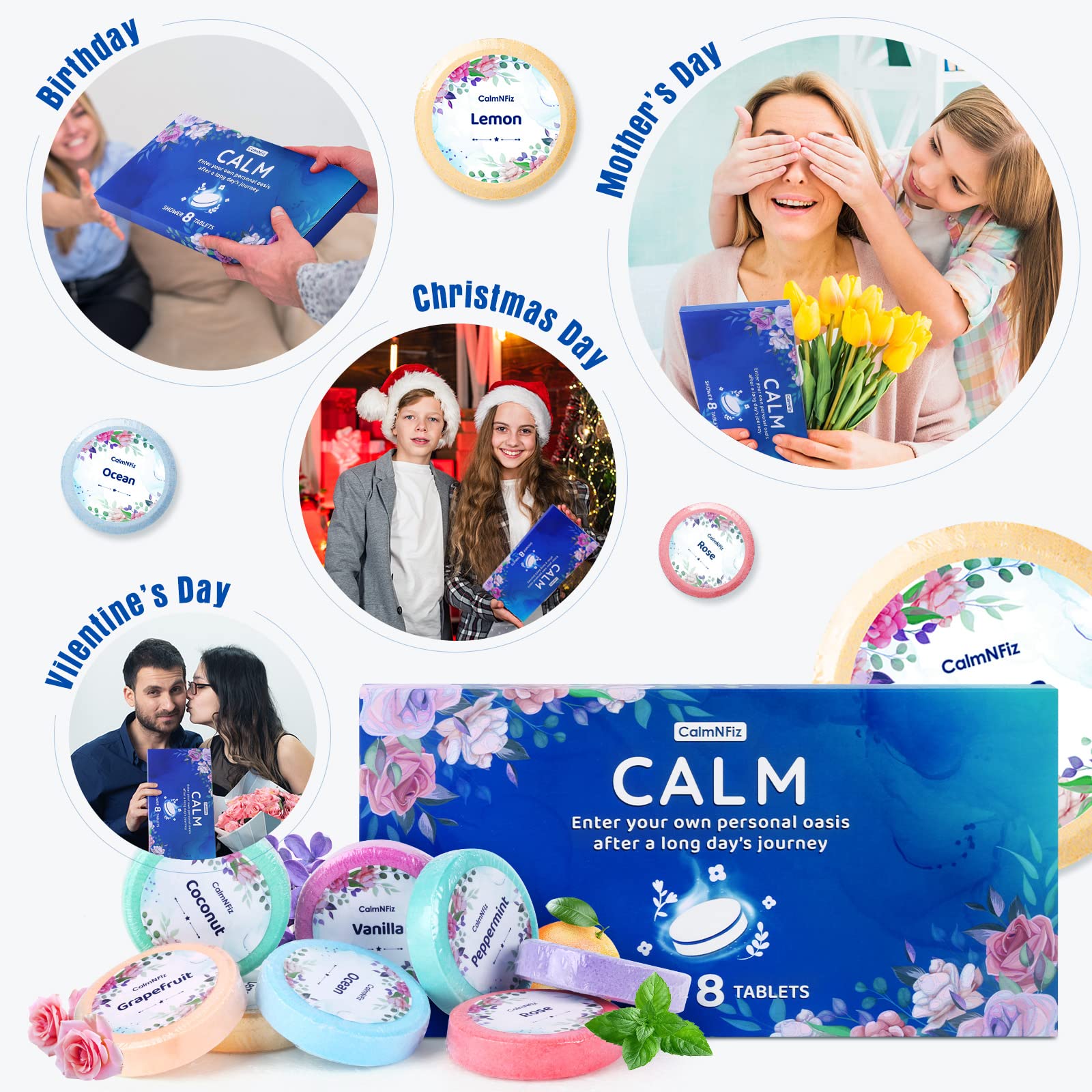 CalmNFiz Shower Steamers Aromatherapy 8 Pack – Gifts for Women, Shower Bombs with Essential Oils, Self Care Relaxation, Easter Basket Stuffers, Birthday Gifts for Mom Wife