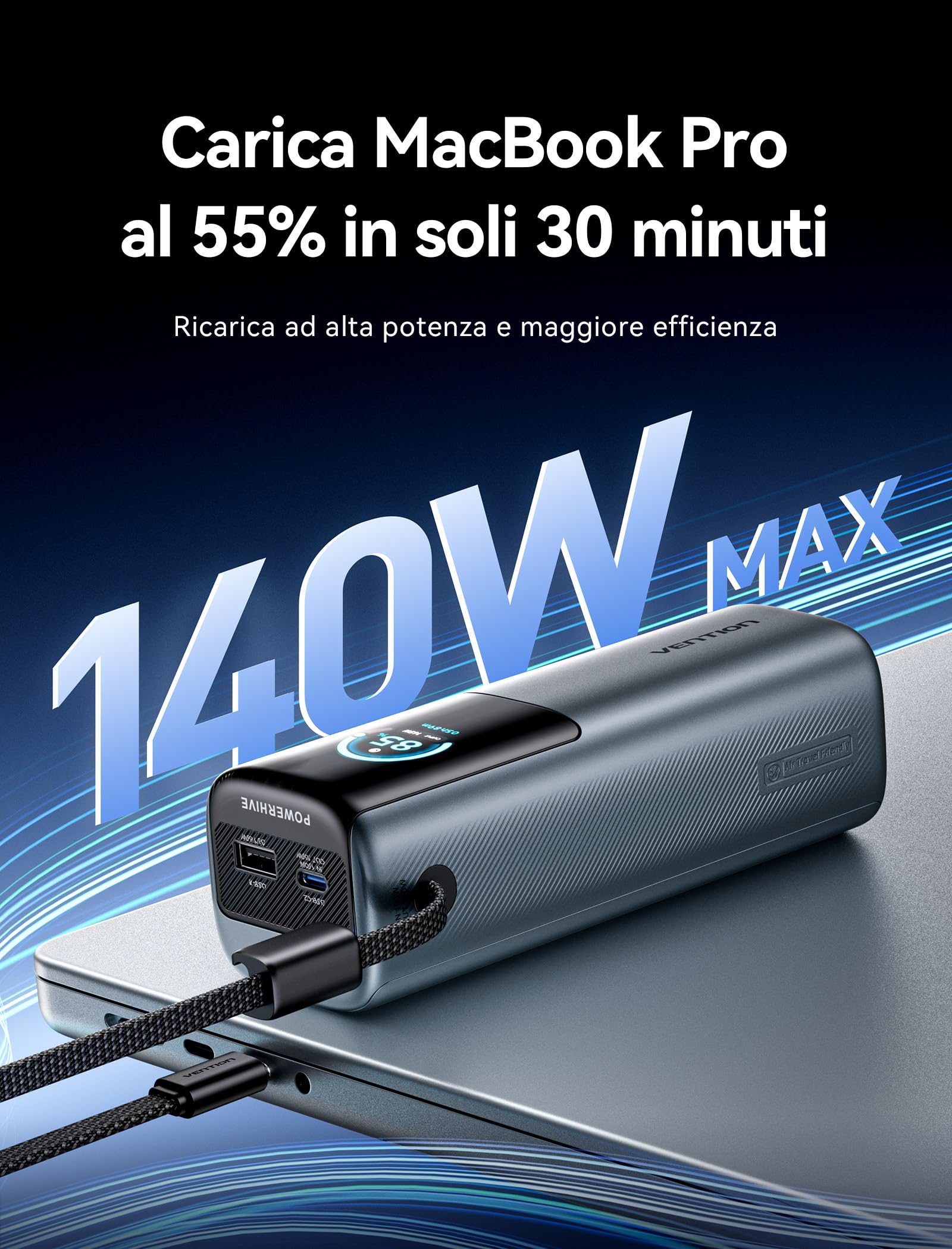 VENTION 27000mAh Laptop Powerbank 200W Ricarica Rapida Display Digital & Emoji Animation, Cavo USB-C integrato, 2 x USB-C + USB-A, per iPhone 17/16/15/14/13 Pro Max, MacBook, Dell, HP, Galaxy S24