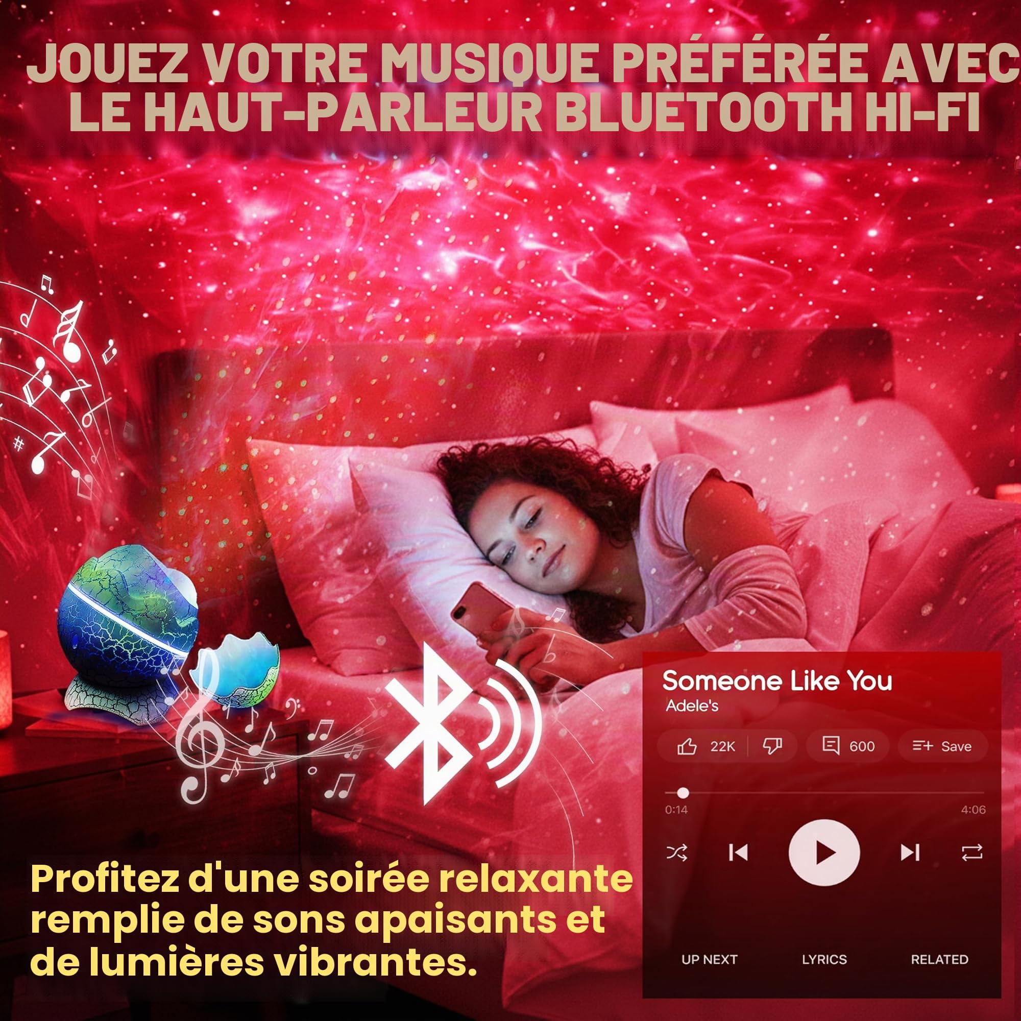 Projecteur d'étoiles Galaxie Œuf de Dinosaure : veilleuse sensorielle avec machine à bruit blanc, Bluetooth et minuterie, lampe à lave, lumières LED pour chambre à coucher, projecteur de plafond
