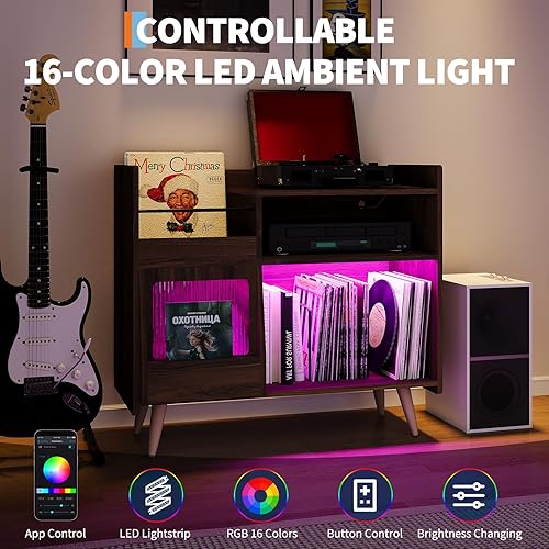 Miniatura 4 de Garvee Soporte grande para tocadiscos, armario de almacenamiento de discos de vinilo con estación de carga de puerta corredera y luces LED para sala