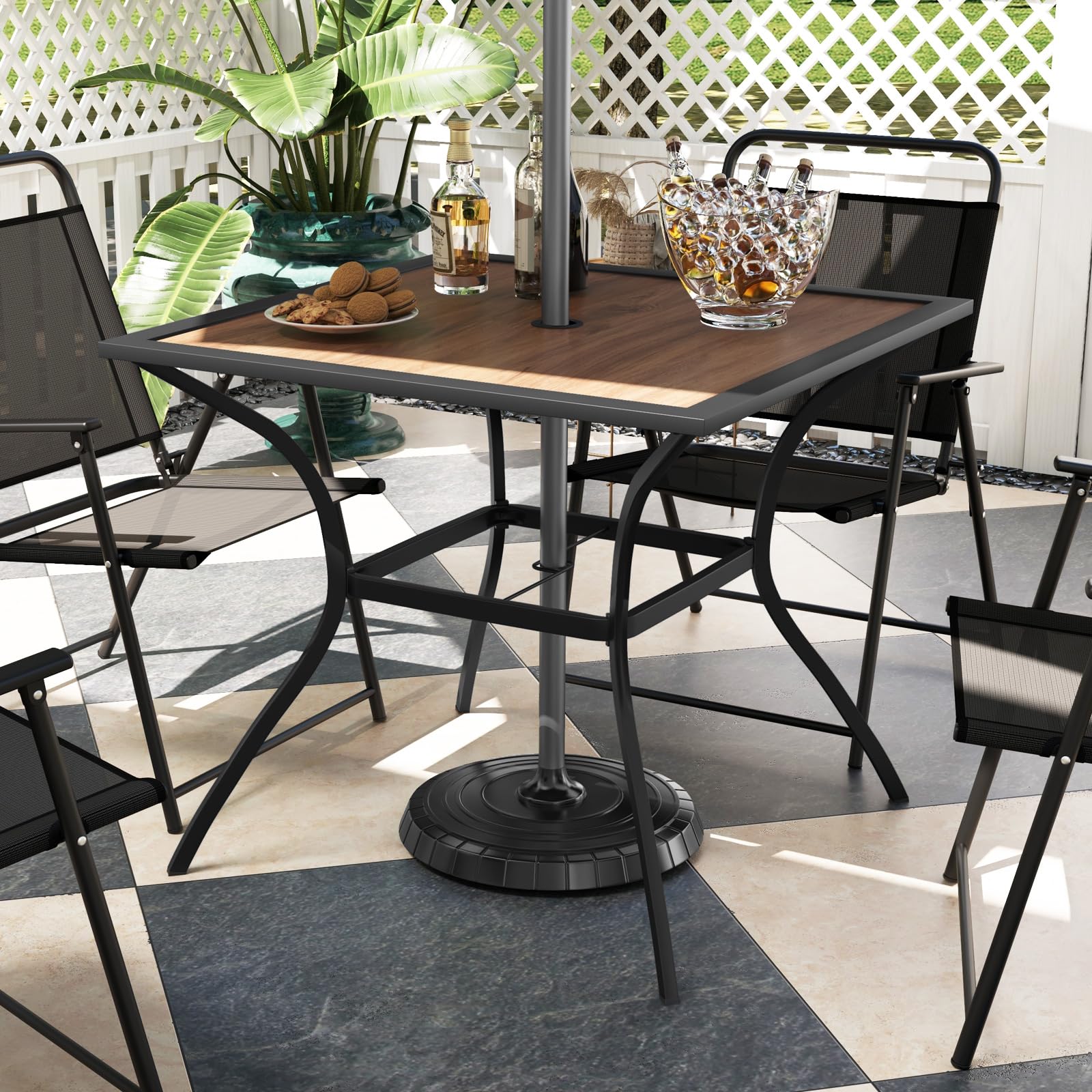 COSTWAY Tavolo da Pranzo da Giardino per 4 Persone con Foro per Ombrellone | Tavolo Quadrato da Esterno 85 cm con Piano in Legno e Telaio in Metallo, Portata 80 kg