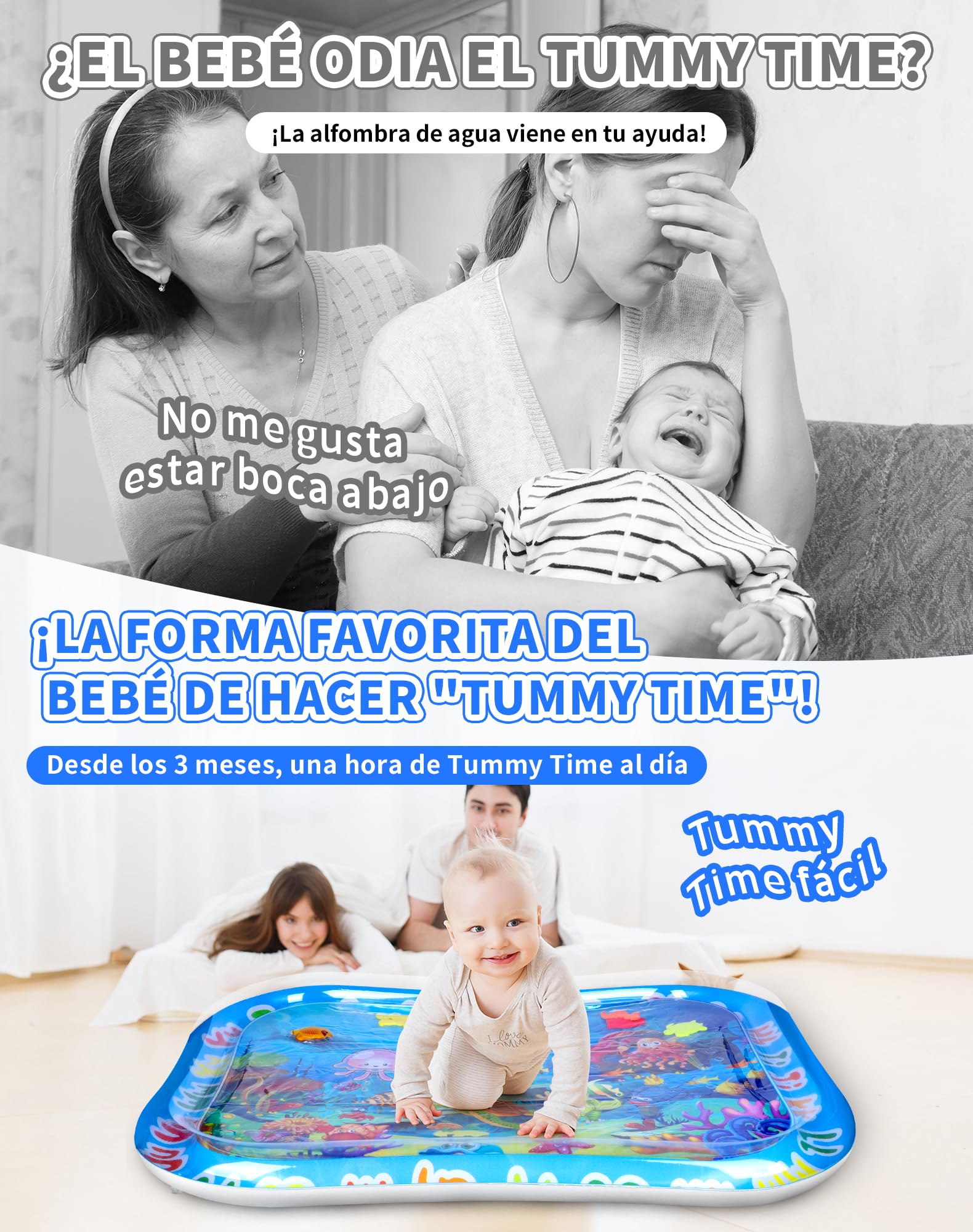 Gran Manta Agua Bebé XXL 95x76cm - Gonflable Tummy Time Mat, Tapete Sensorial Bebé para 3 6 9 12 Meses, Juguete para Bebé, Niño Pequeño y Recién Nacido