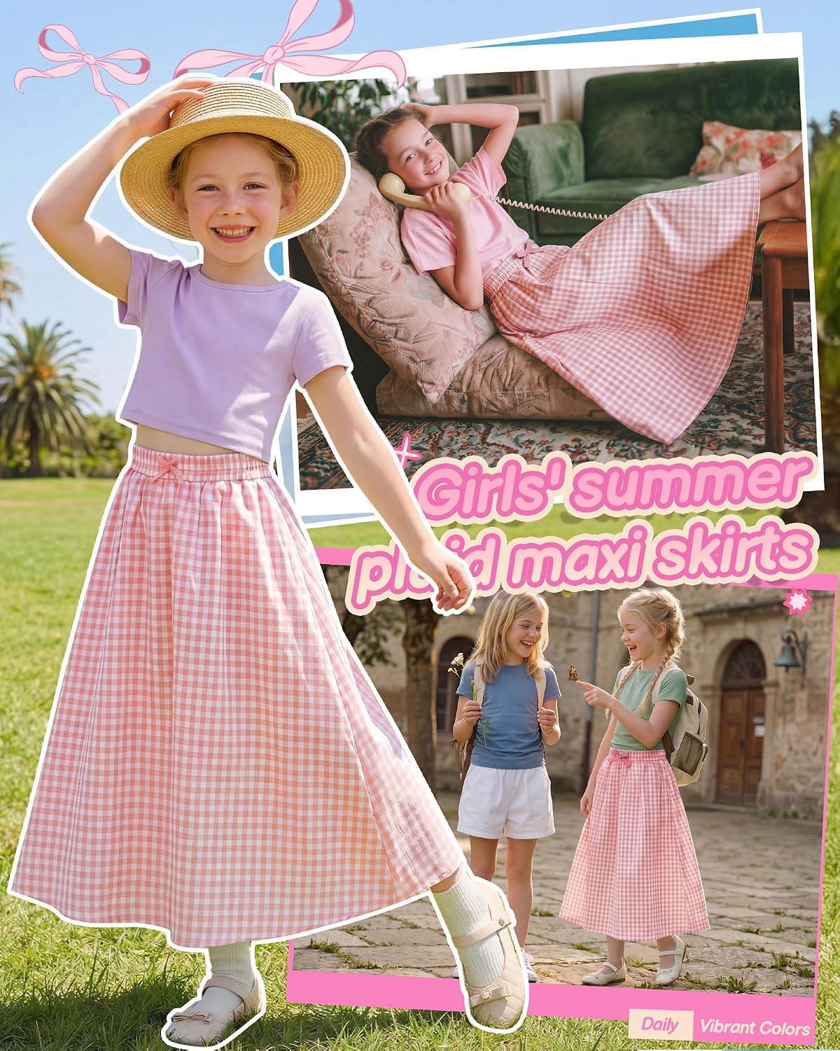 Girls Gingham Maxi Skirt with Pockets 5-16Y Plaid High Waist A Line Casual Bow Long Skirt Kids Summer Swing Outfits