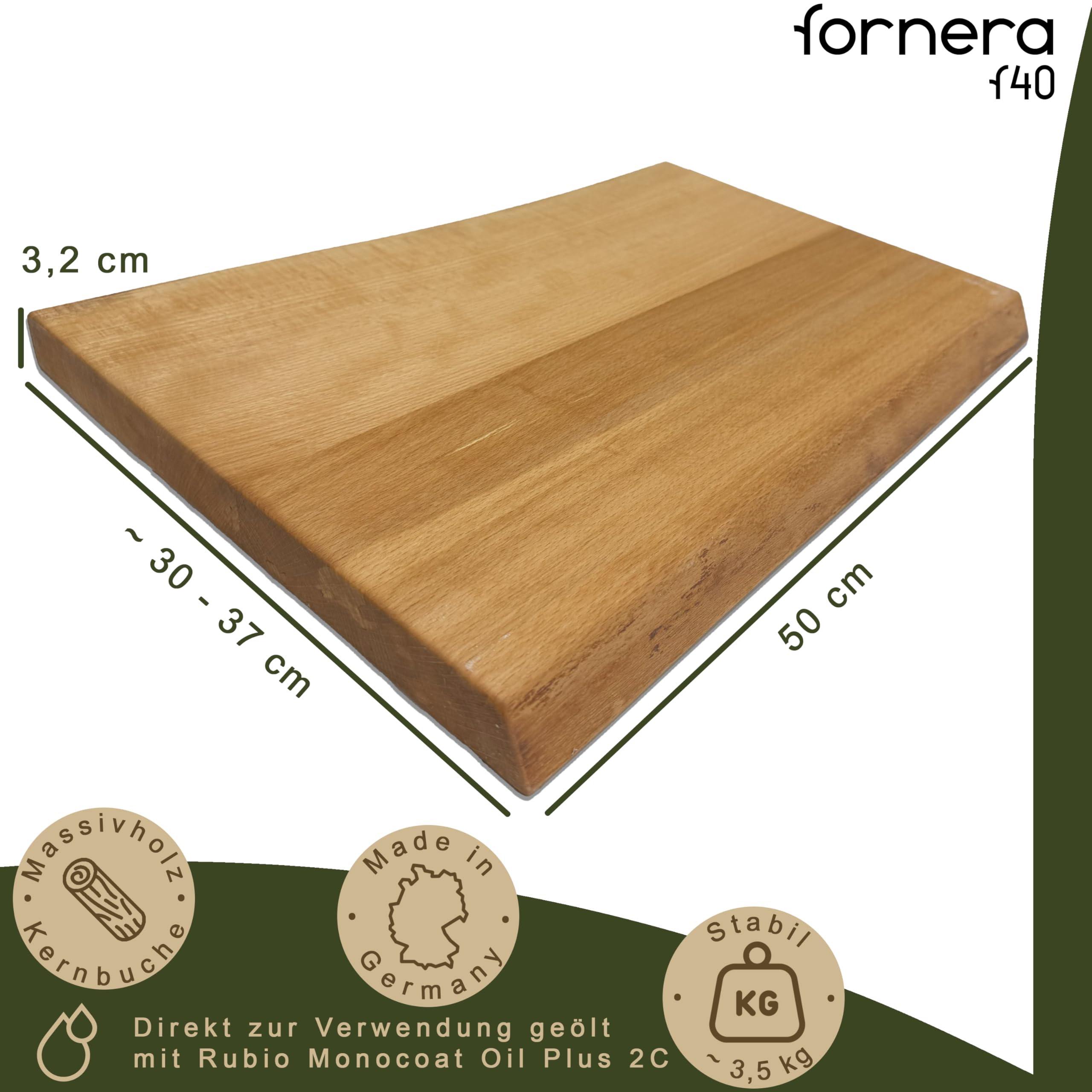 f40 Massivholz Schneidebrett mit Baumkante, Großes Schneidebrett für die Küche, Holzschneidebrett, Servierbrett, aus massiver Buche, geölt, Made in Germany, Maße HxBxT: 3x(32-37) x50 cm