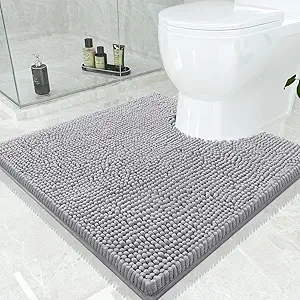 Smiry Luxury Chenille Toilet Rugs U-Shaped 24x24, Soft Absorbent Non-Slip Contour Bathroom Rugs for Toilet, Machine Washable Contoured Bath Mats, Light Grey