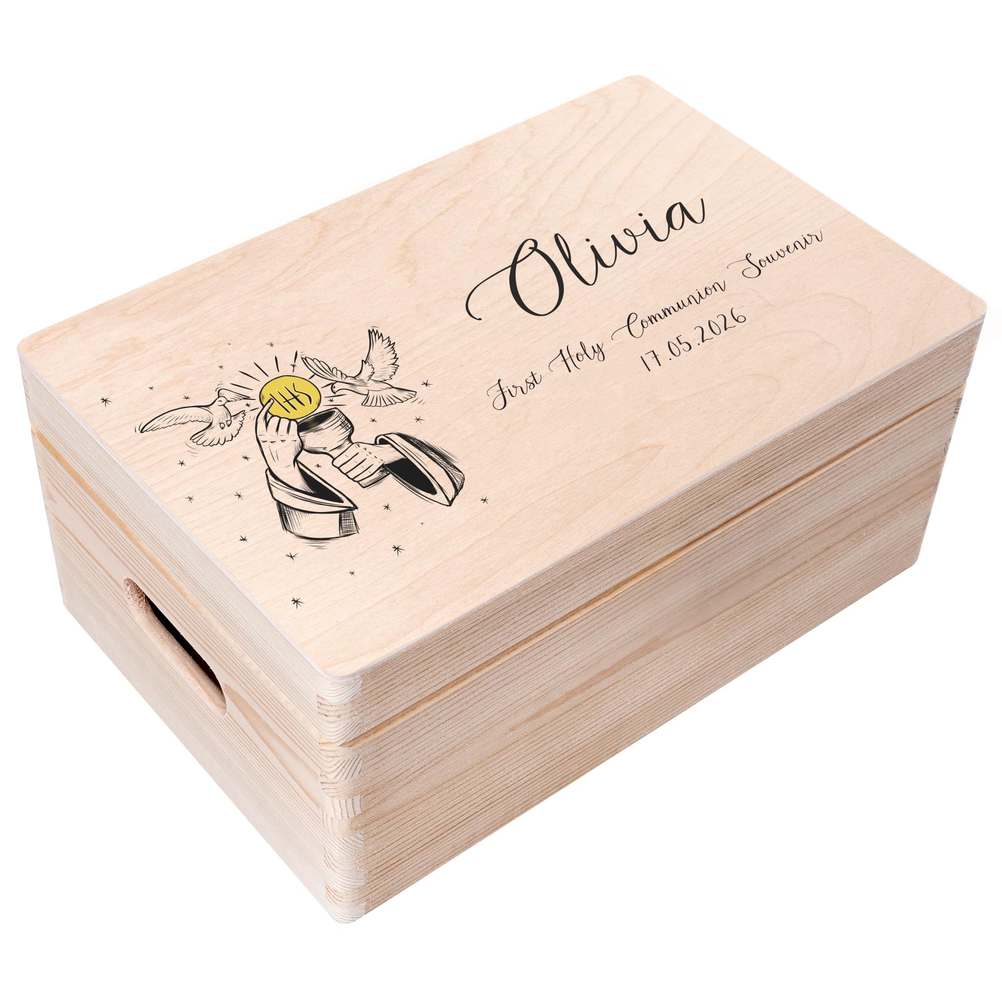 Creative Deco Personalised First Holy Communion Gift for Girls or Boys - IHS | Unique Custom Boxes | Customised Wooden Storage Box with Hinged Lid | Perfect as a Keepsake or Decoration | UV Print — image 1