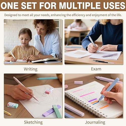 Miniatura 9 de 62 piezas de suministros escolares estéticos con bonito estuche para lápices, resaltadores pastel, bolígrafos de gel de tinta negra, kit de lápices