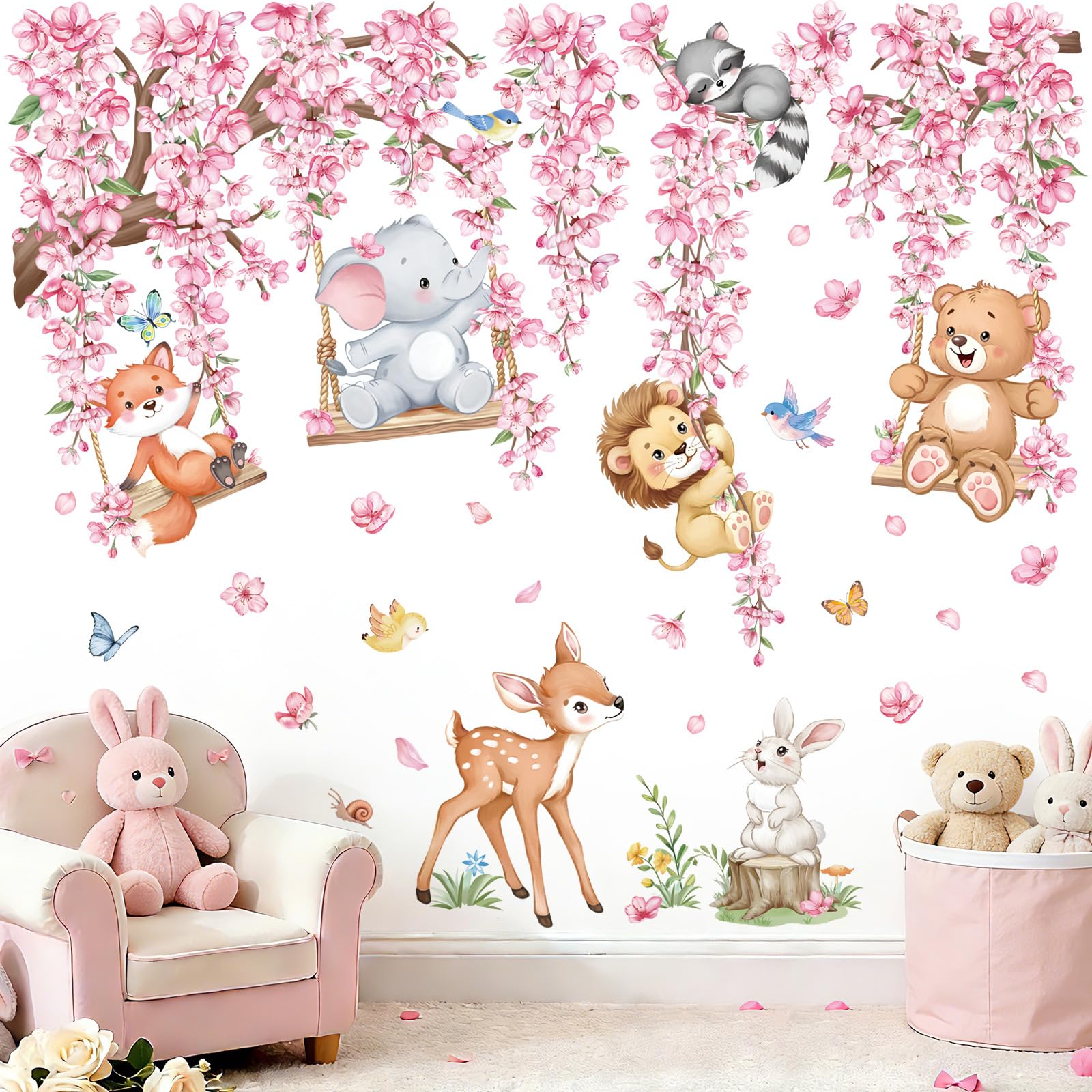 wondever Adesivi Murali Animali Foresta Ramo Albero Rosa Sticker da Muro Fiore di Ciliegio Elefante Orso Cervo Adesivi da Parete per Camerette Bambini Asilo Nido - 3