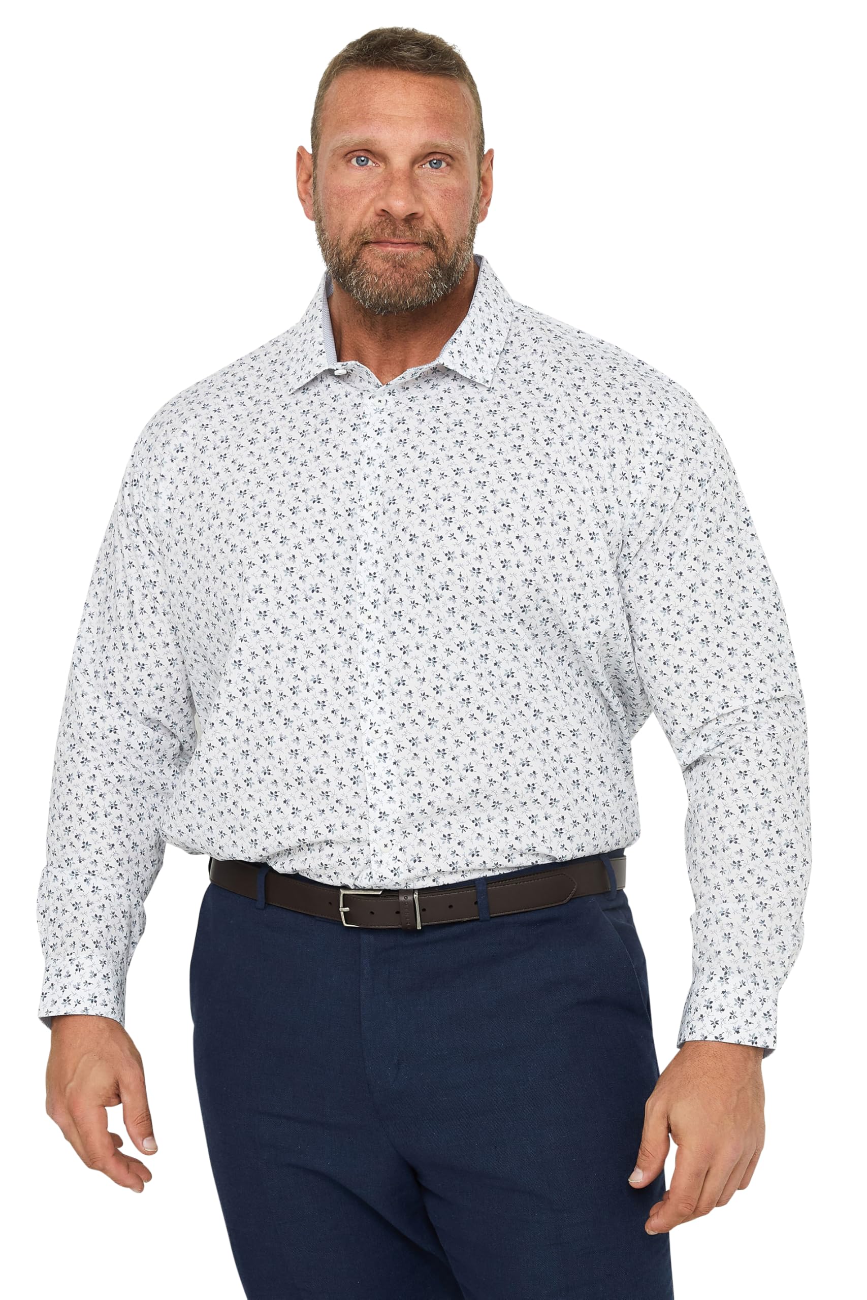 Badrhino Men's White Tailoring Big & Tall Premium & Blue Floral Print Long Sleeve Shirt - Plus Size Curve