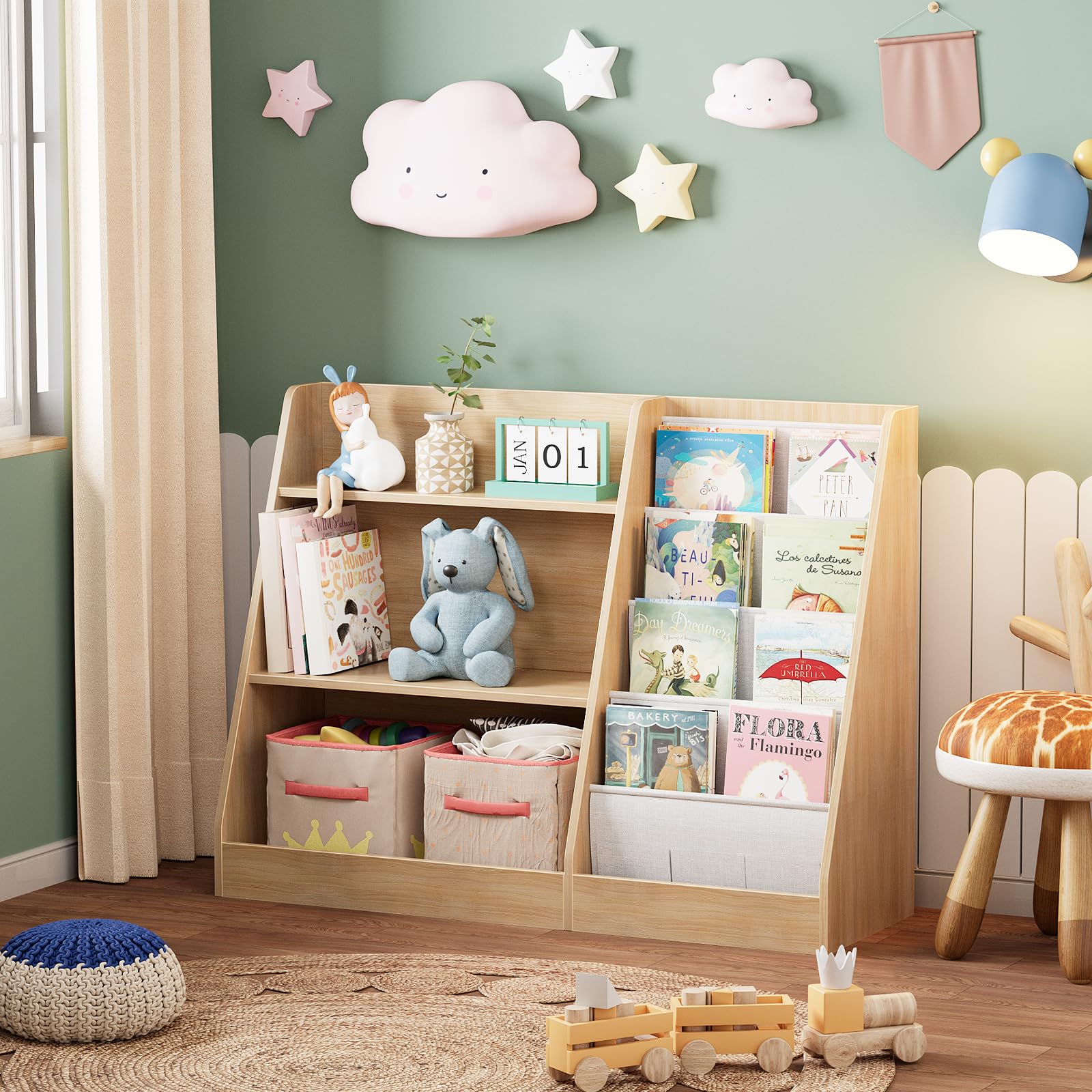 Garden 4 you Kinderregal,Bücherregal Kinder,Kinderregal mit 4 Ablage und 3 offenen Fächern,Bücherregal Kinderzimmer aus Naturholz -80 x 30 x 67.5 cm (Eiche)