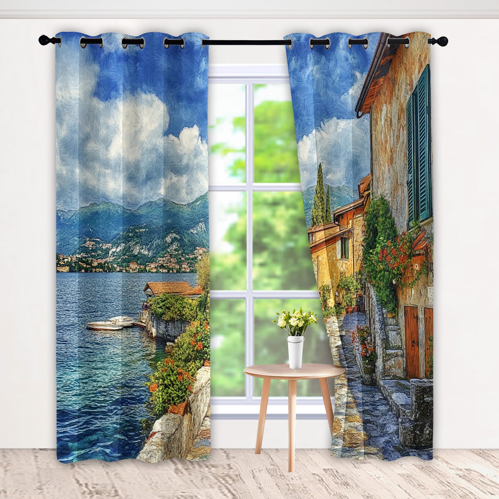 Vorhänge Blickdicht Toskana Küstenstadt, Gardinen mit Ösen, Vorhang Italien Mittelmeer Landschaft für Schlafzimmer Wohnzimmer Thermovorhang Dekoration Curtains 170 x 200cm (H x B) s1YU&Q-103