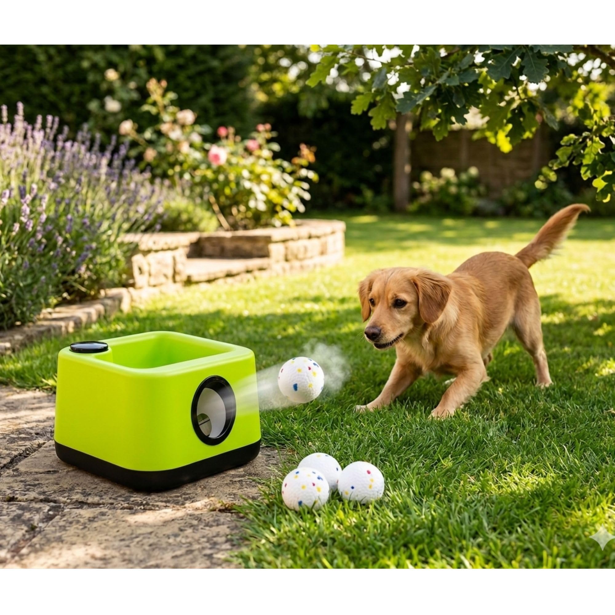 Climsom Ballouf Lanceur de Balles Automatique Intelligent pour Chien | Mode Automatique & Éducatif/Manuel, Son d'Aboiement Réaliste, Distances Réglables, Batterie Rechargeable