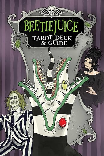 A black and white striped worm faces up with another mouth extending out of it. A woman wearing a black dress with black hair stands on the right. A man with green hair and a black and white pinstriped suit stands on the left.