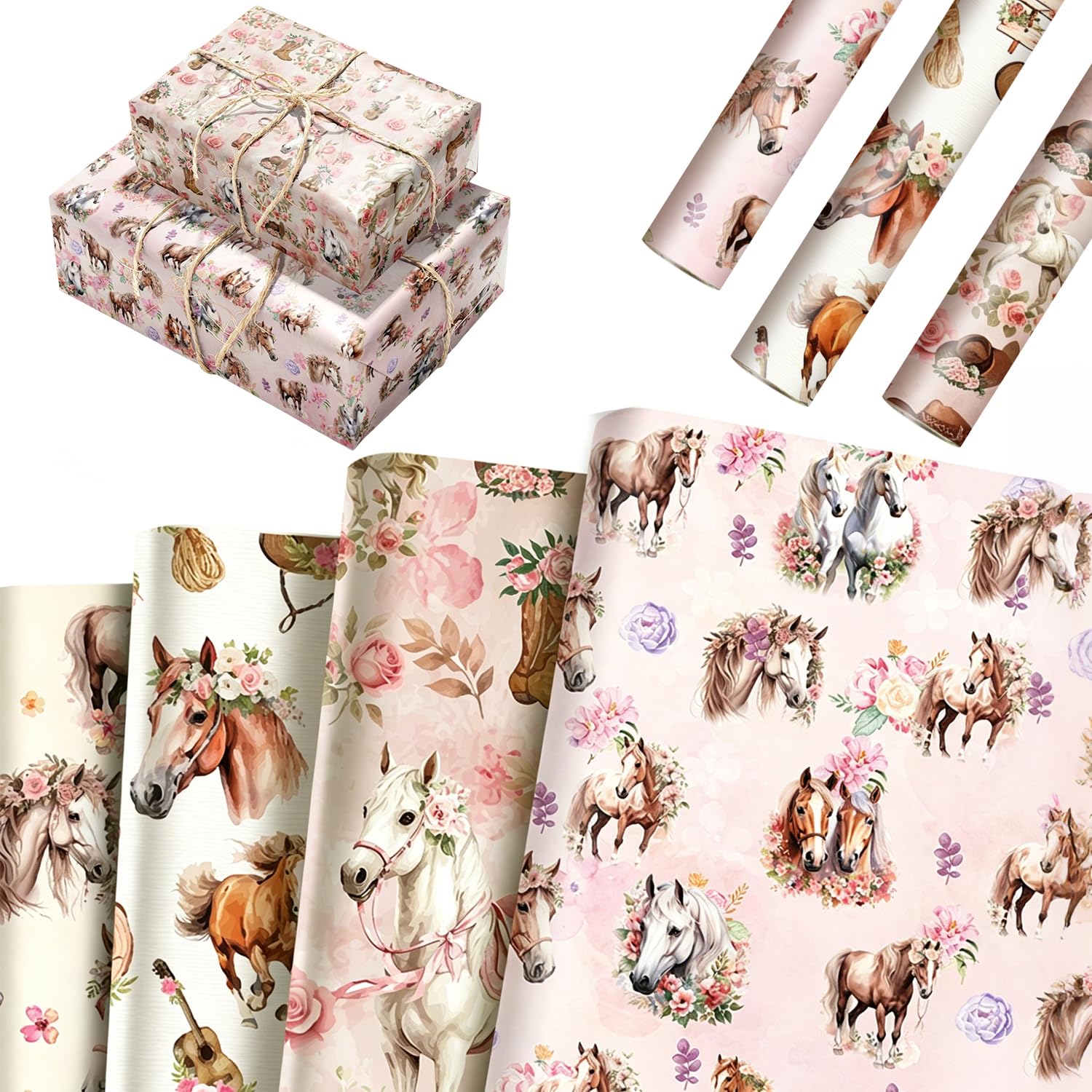 12 Sheets Horse Wrapping Paper, 68 x 51cm, 4 Designs, Girls Birthday Gifts — image 1