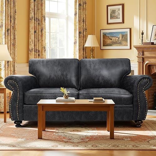 Mid-Century Vintage Sofa Couches with Rivet Design,loveseat Sofa,Removable Sofa Cover Upholstered Cushions and Solid Wood Frame (Grey, Loveseat)