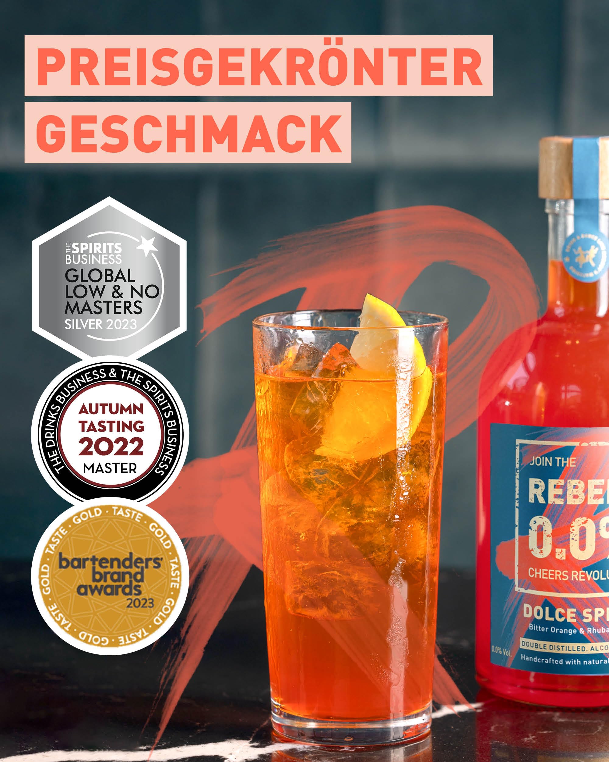 REBELS 0.0% Dolce Spritz | Alkoholfreier Spritz | Doppelt destilliert für intensives Aroma | Preisgekrönter Geschmack | Vegan | Natürliche Botanicals | 500 ml