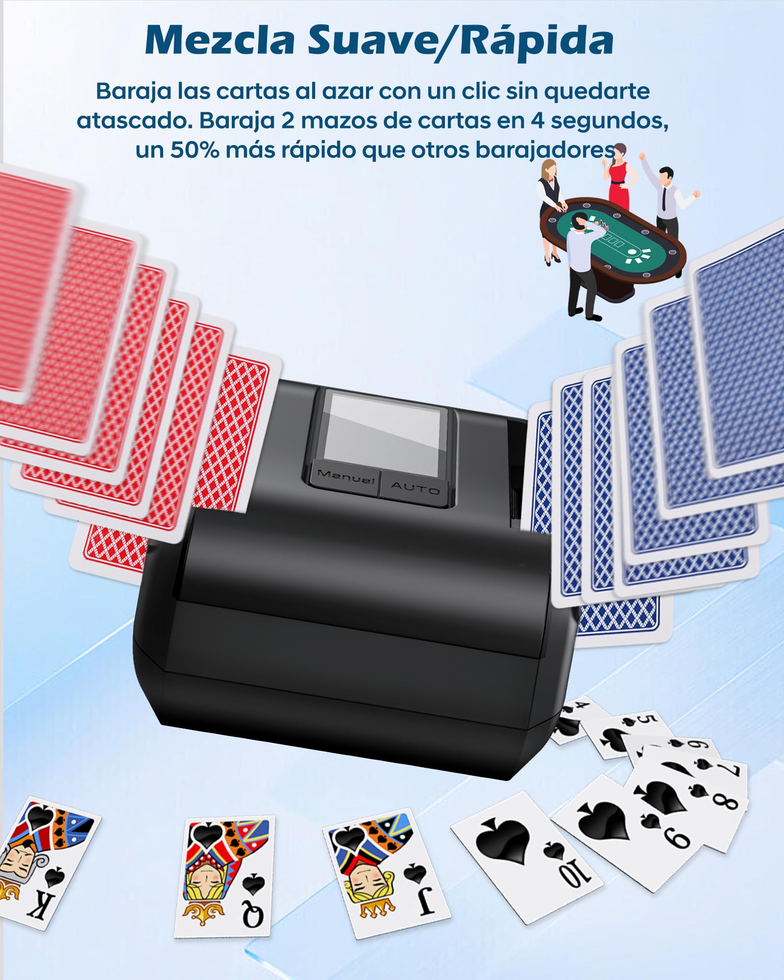 Barajador de Cartas Automático, Mezclador de Cartas Eléctrico para 1-2 Barajas Modo Automático y Manual Recargable Bajo Nivel de Ruido para Póquer UNO Blackjack Skip-Bo Phase 10 Texas Hold'em
