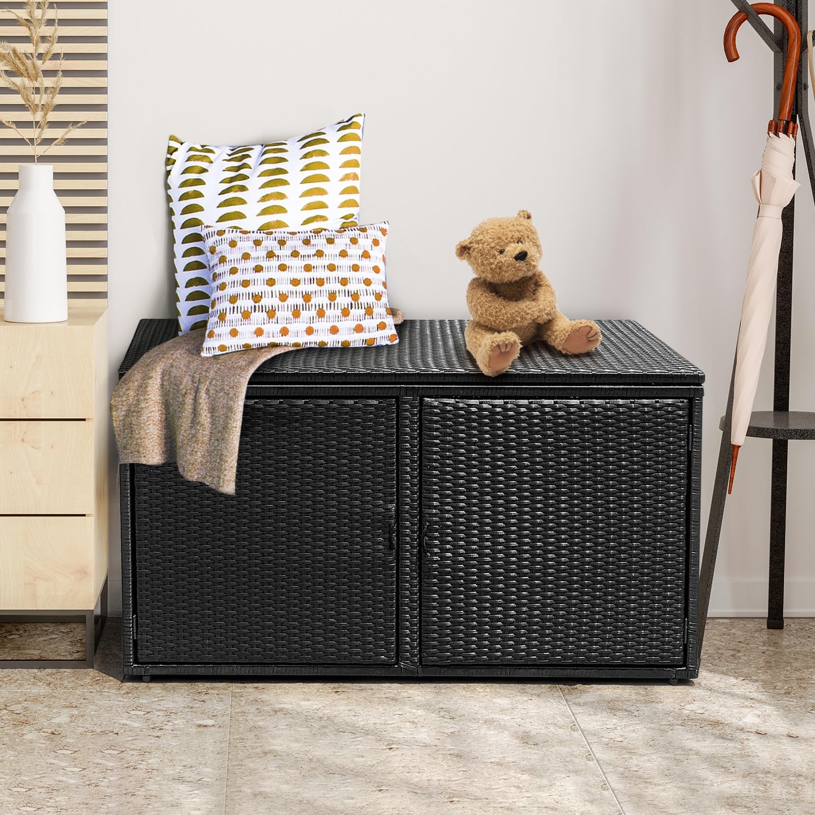 LIFEZEAL Baule da Esterno, 444L, Cassapanca Contenitore da Esterno, in Rattan PE, Baule da Giardino, con 2 Ante e 2 Livelli, Contenitore Grande, per Soggiorno e Piscina, 115 x 60 x 65 cm (nero)