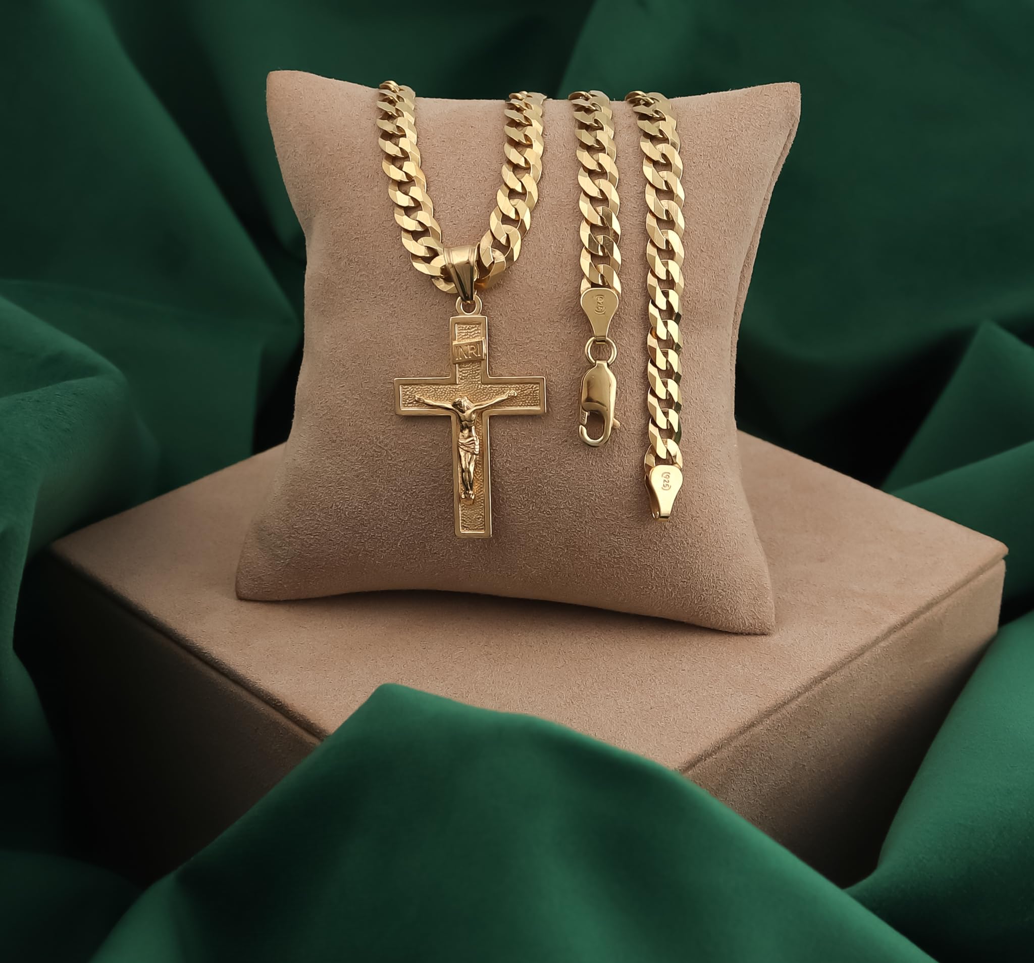 Amor Luxury Collana Oro Uomo a Croce 585, Catena a Croce Massiccia 585 - Collana Uomo Spessa 6,5 mm, 50 cm, Argento Sterling 925